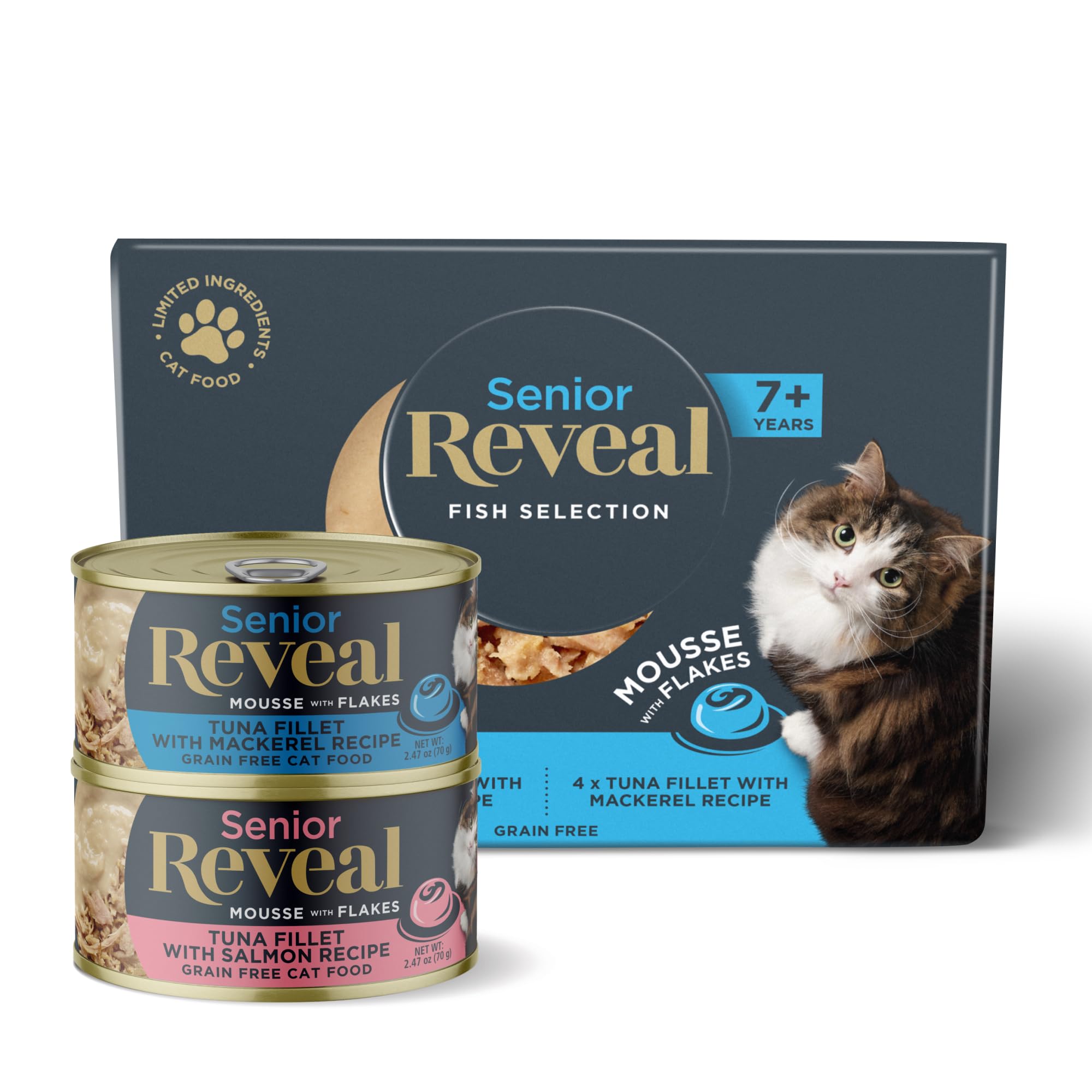 Reveal Natural Grain Free Wet Senior Cat Food - Limited Ingredient Fish Variety Mousse with Flakes for Mature Cats (8 x 2.47 oz) | Easy-to-Digest Nutrition for Picky Senior Eaters, Perfect for Cats with Sensitive Stomachs or Dental Issues