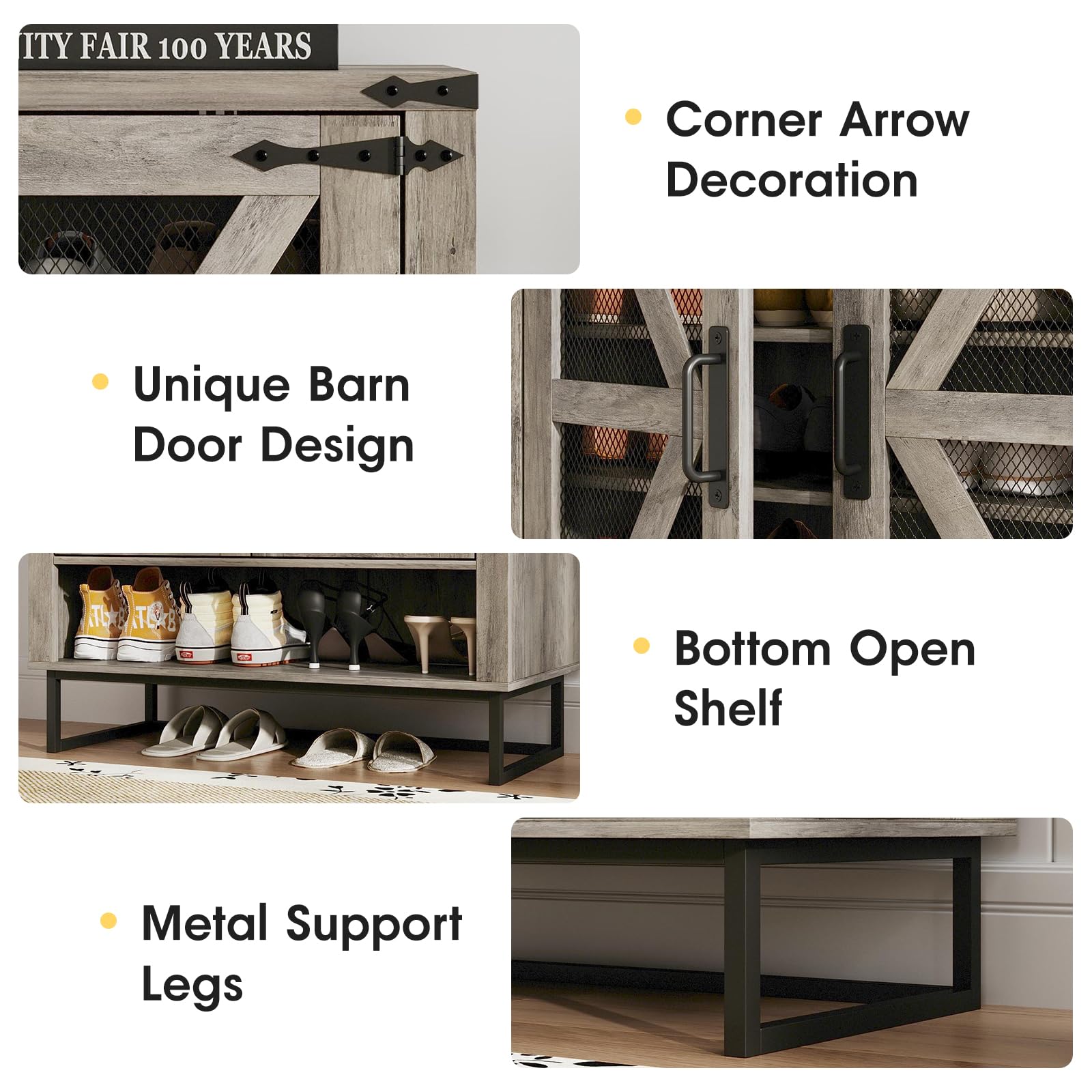 Maupvit 6-Tier Farmhouse Shoe Cabinet with Doors - Adjustable Shelves & Sturdy Metal Legs, Rustic Entryway Hallway Storage Organizer for Shoes, Boots & Accessories | Perfect for Living Room, Closet & Mudroom Organization