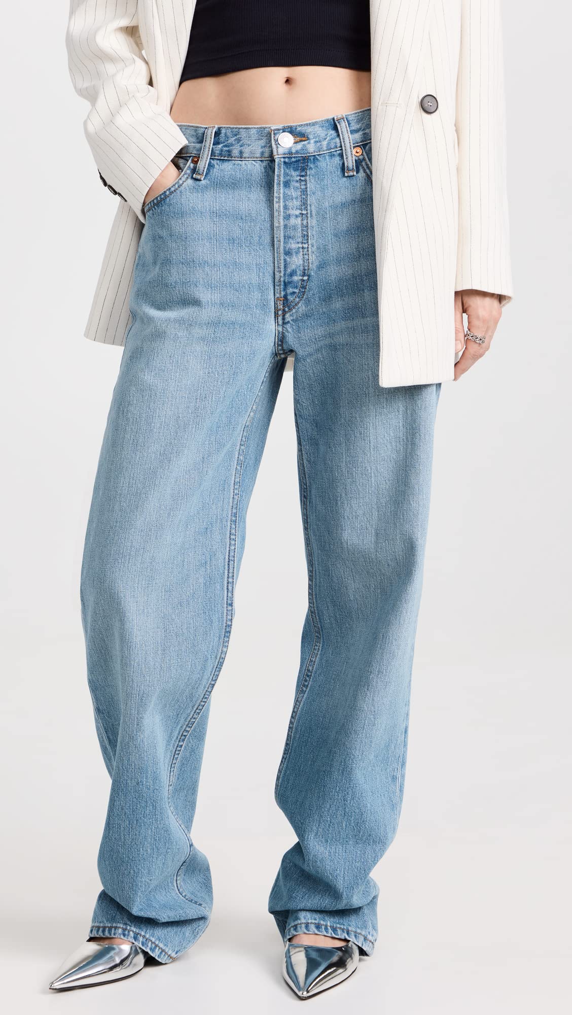 RE/DONE Women's High-Waisted Loose Fit Long Jeans - Vintage Inspired Distressed Denim Pants for Casual Wear & Everyday Outfits
