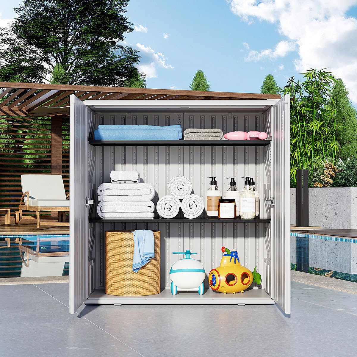 **KINYING 60 Gallon Outdoor Storage Cabinet - Waterproof Resin Deck Box for Patio Furniture Cushions, Garden Tools, Pool Accessories & Kids' Toys - Off White with Shelving - Perfect for Backyard, Deck & Poolside Organization**