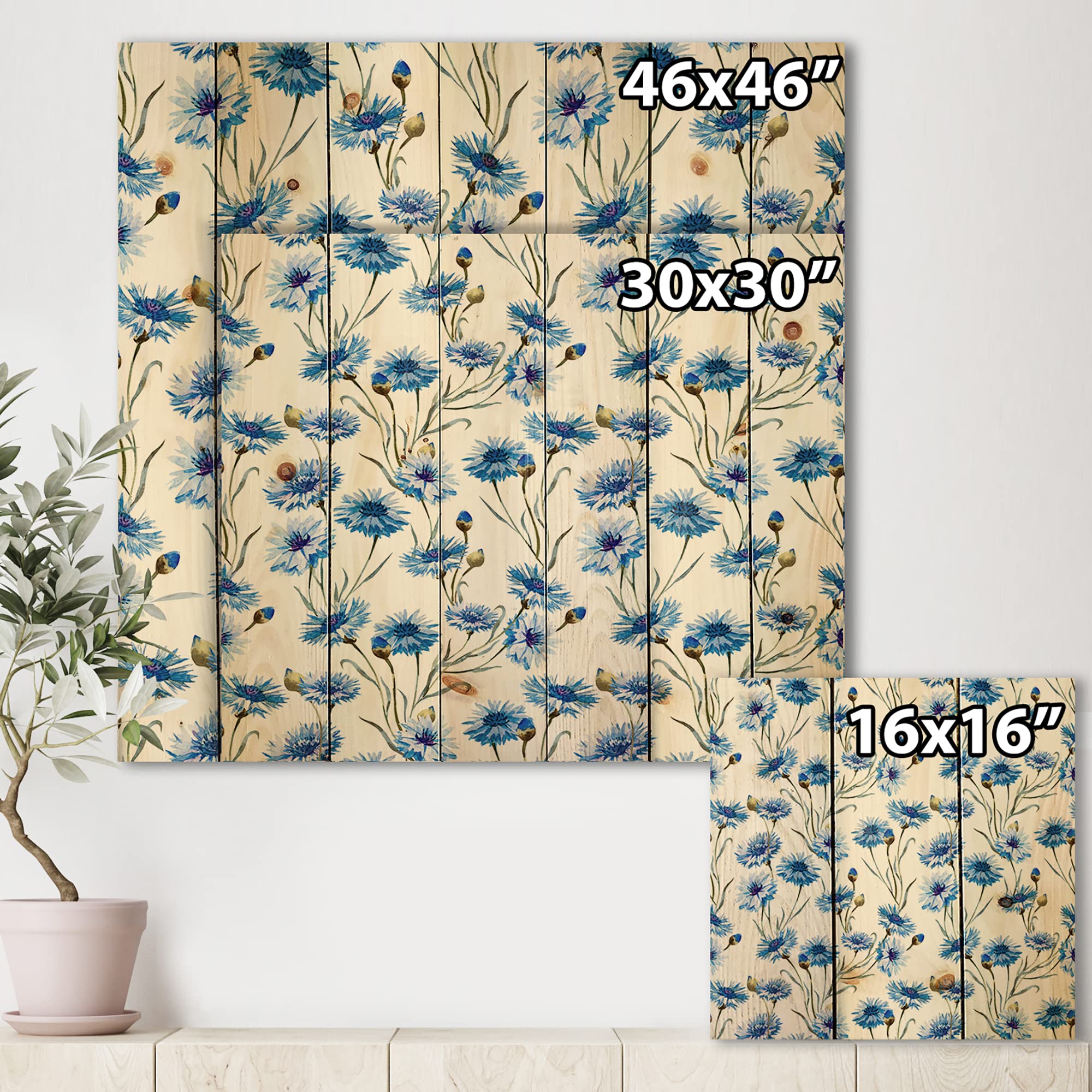 Blue Cornflowers with Green Leaves Traditional Wood Wall Decor - Large Floral Pine Wood Art Panel for Living Room, Bedroom & Office Decoration