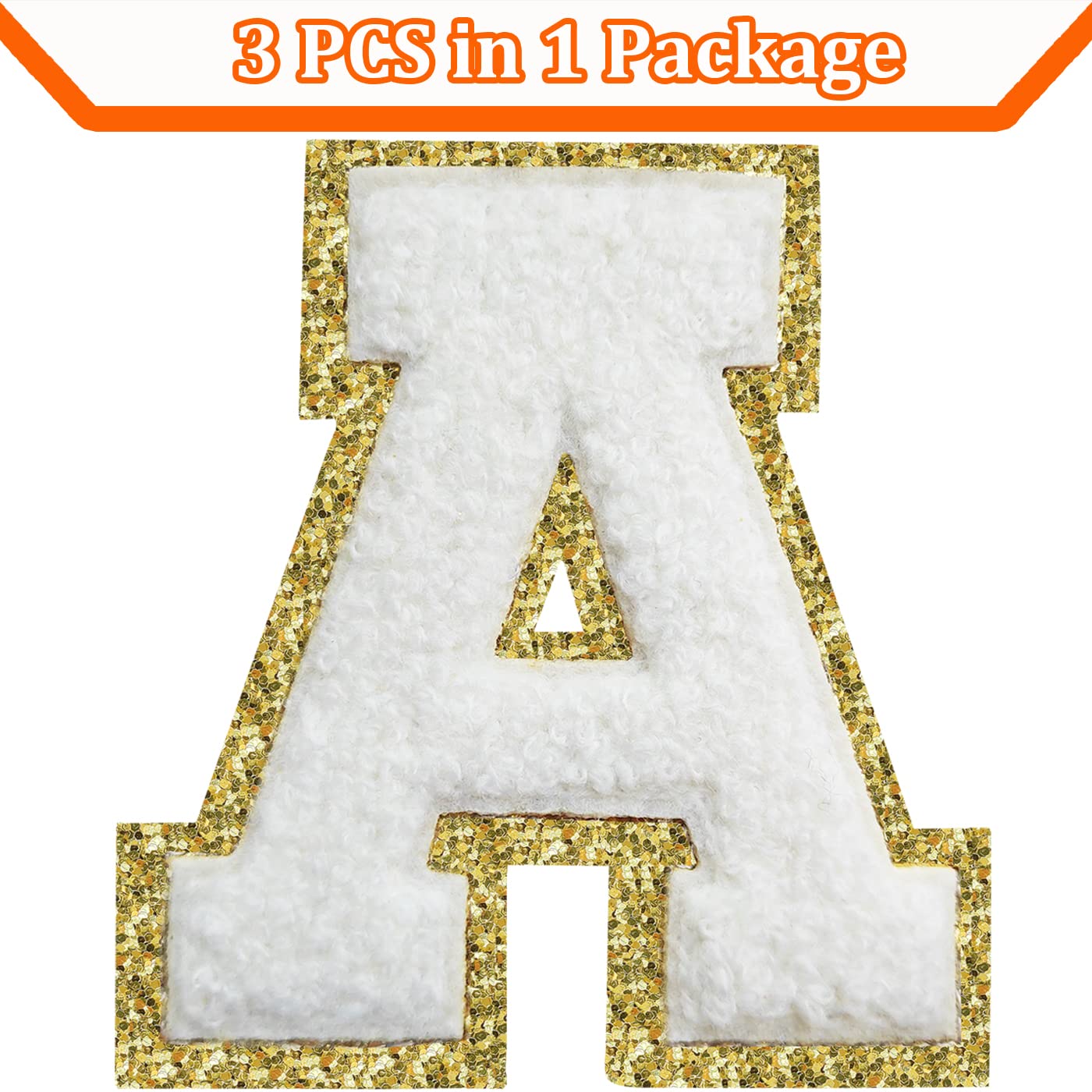 3Pcs Iron-On Chenille Letter Patches for Jackets - 3.2 Inch Varsity Letters, Glitter Letterman Patches in White - Perfect for Customizing Denim Jackets, Backpacks, and School Spirit Wear