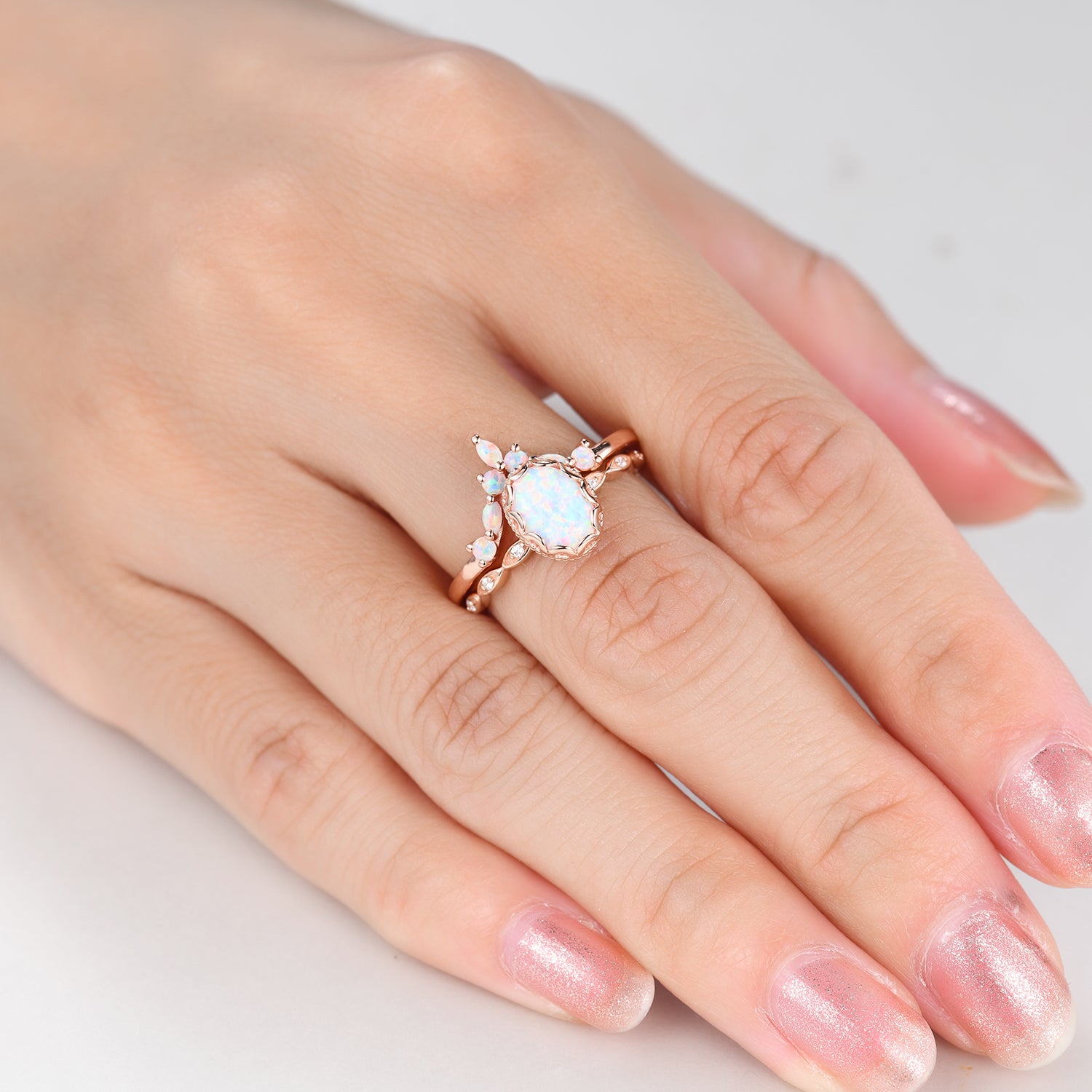 14K Rose Gold Oval Opal and Diamond Bridal Ring Set - Elegant Curved Wedding Band for Women, Perfect Anniversary Gift for Her | Ideal for Engagement, Wedding Ceremony & Romantic Occasions