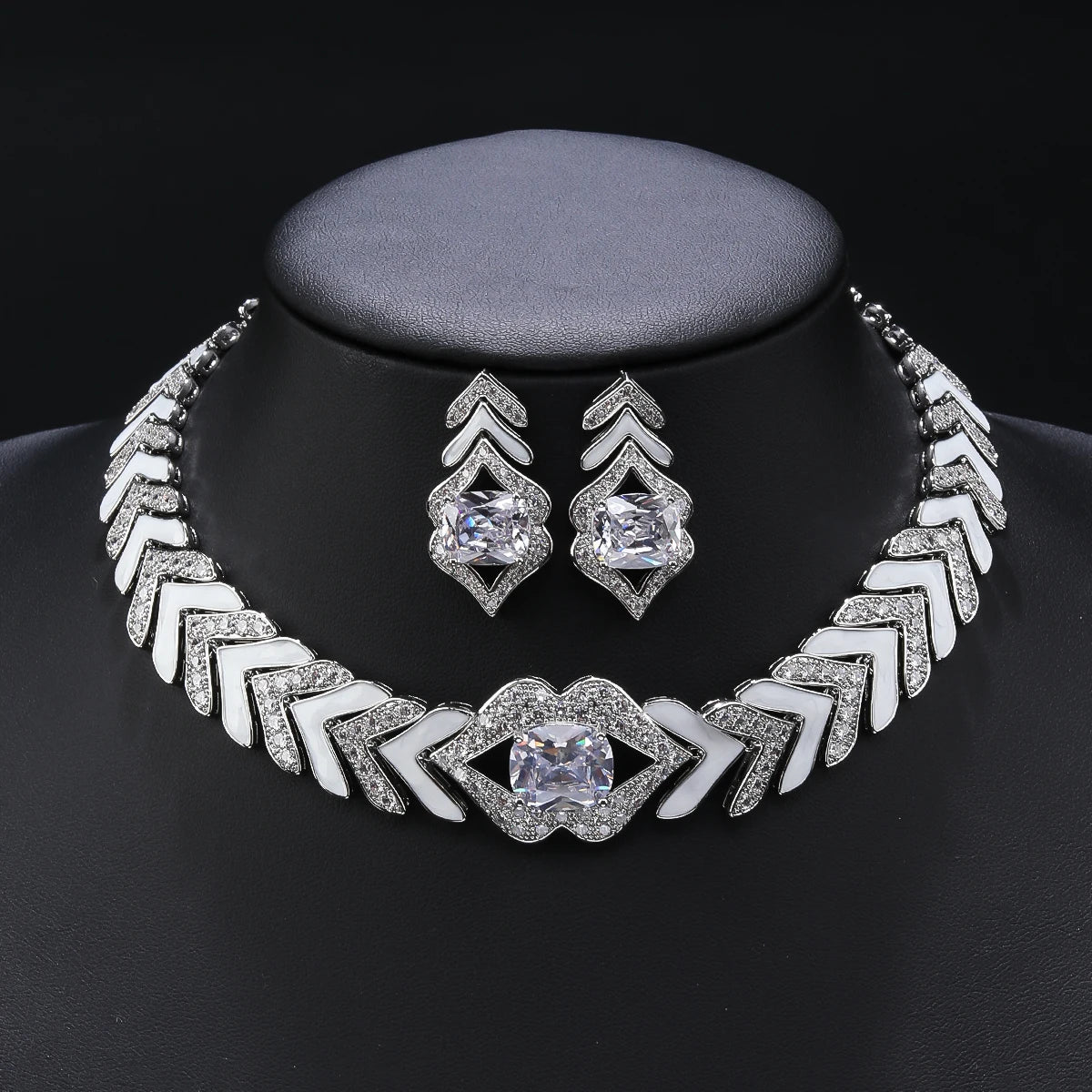 Cubic Zirconia White Enameled Lip Choker Necklace & Earrings Set for Women - Elegant Party Costume Jewelry Gift (CN11336) - Perfect for Prom, Halloween, and Special Occasions