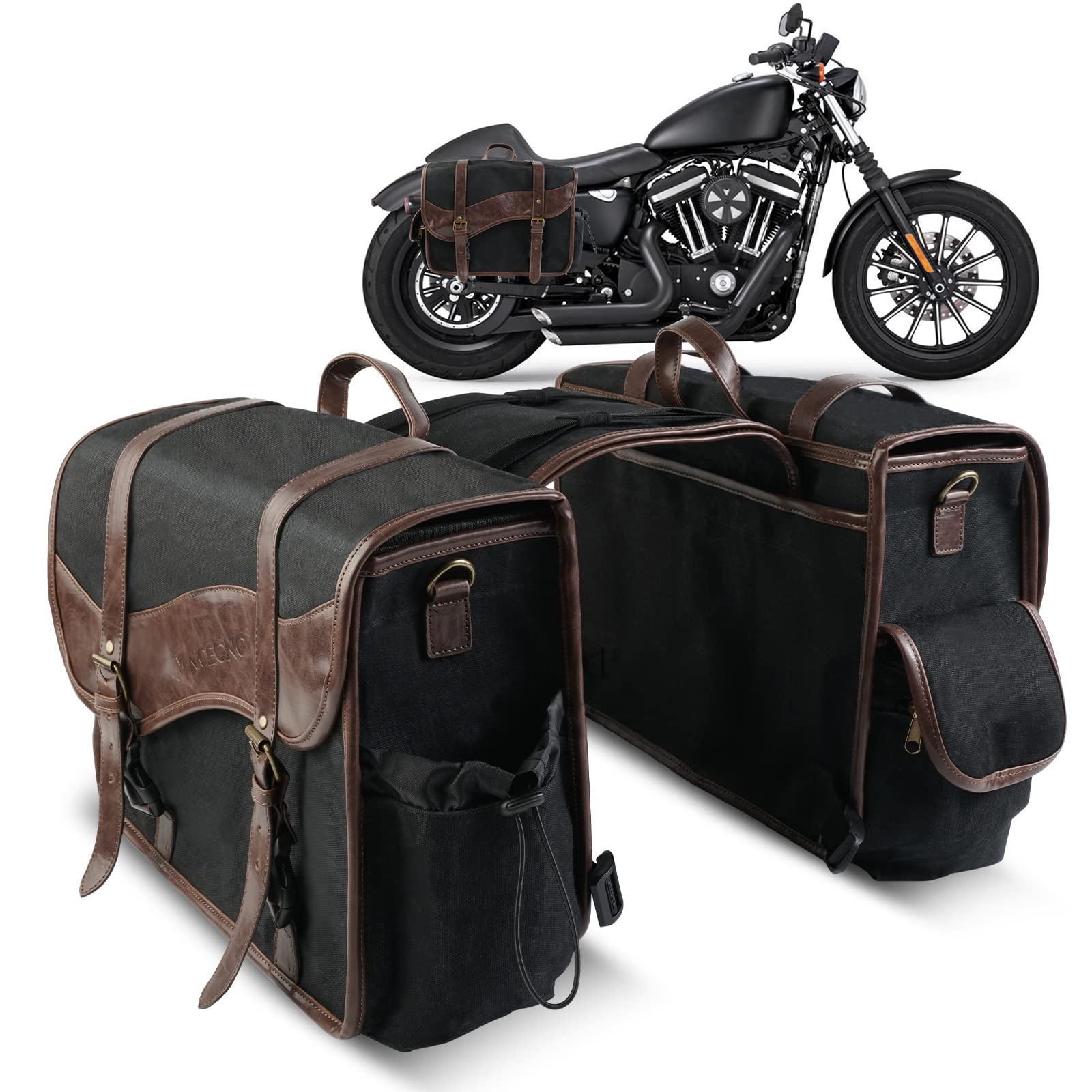 Vintage Oil Waxed Canvas Motorcycle Saddle Bags - Waterproof Motorcycle Panniers Side Throw Over Saddlebags for Harley Honda Suzuki Yamaha Adventure Street Glide - Perfect for Long Rides & Road Trips (Black)