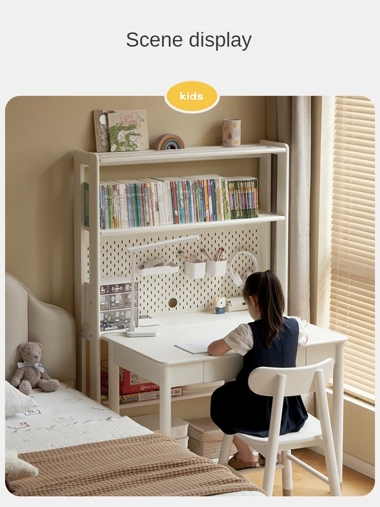 Birch Solid Wood Bookshelf - Modern Cream Floor Standing Bookcase with Adjustable Study Desk for Kids | Perfect for Children's Bedroom, Nursery, and Home Office Organization