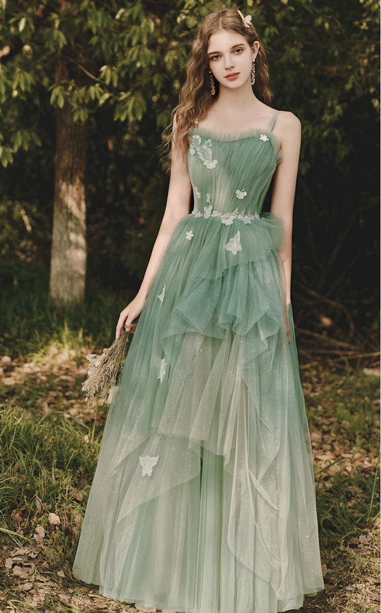 Elegant Green Tulle Spaghetti Strap Long Prom Dress - A-Line Fairy Formal Party Gown for Homecoming, Quinceañera & Evening Events