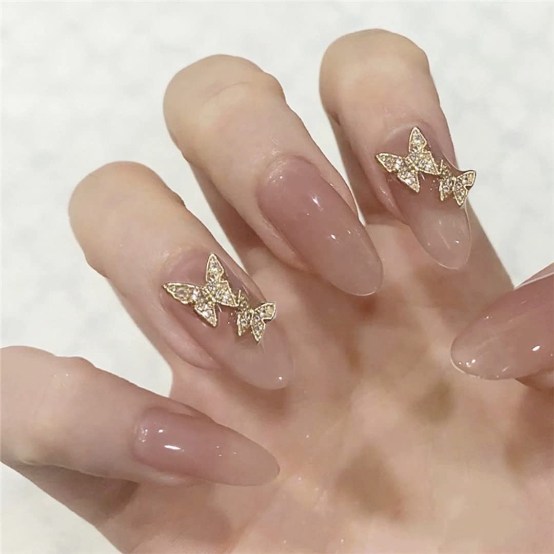 24PCS Golden Butterfly Press-On Nails with Glue & Stamp - Reusable Artificial Nails Set for Women, Pink Truck Design (Beige & Gold) | Perfect for Parties, Weddings & Special Occasions