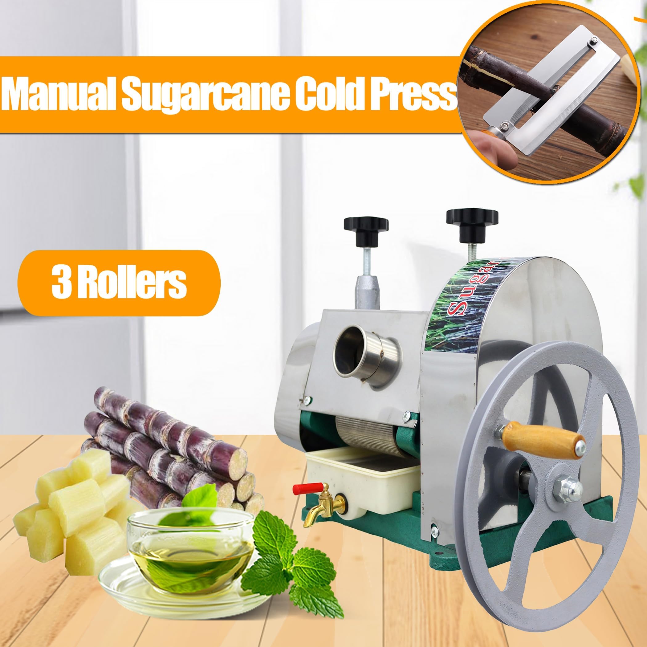 TECHTONGDA Manual Sugar Cane Juice Press Machine - Stainless Steel Commercial Sugarcane Juicer Extractor with Handwheel & 2 Peeling Knives for Home, Shop, and Restaurant Use - Perfect for Fresh Juice Bars, Healthy Drinks, and Natural Beverage Preparation
