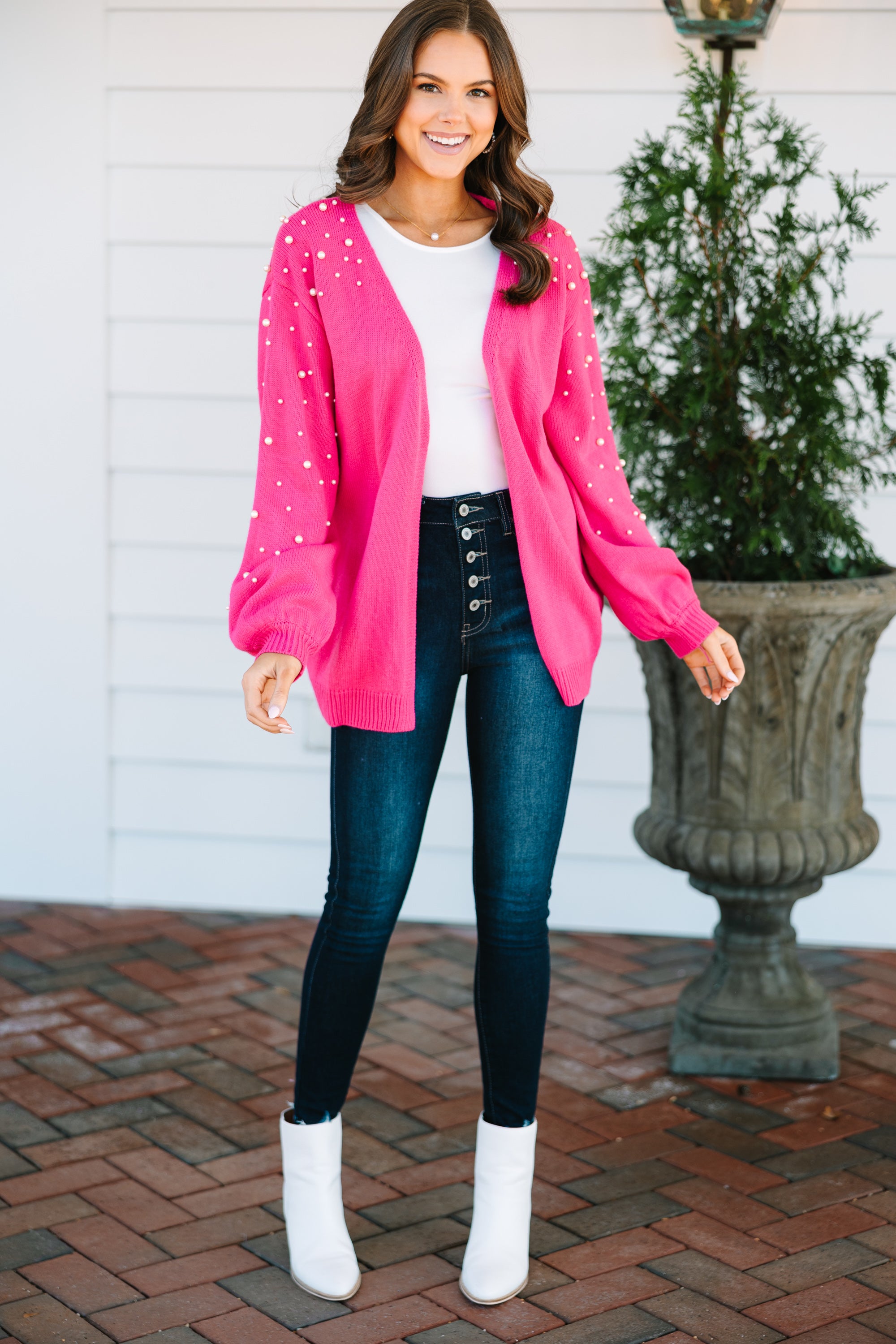Fuchsia Pink Embellished Cardigan for Women - Stylish Knit Sweater with Beaded Details | Perfect for Office, Date Night & Fall Layering