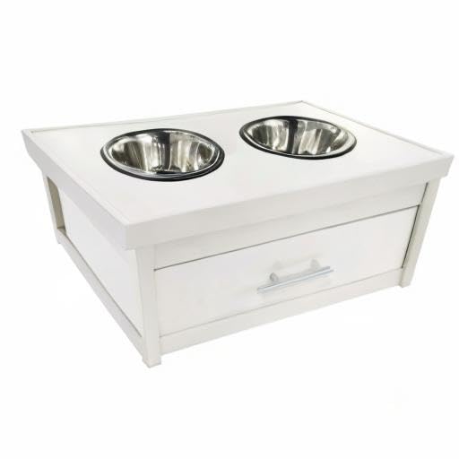 ECOFLEX Piedmont 2-Bowl Dog Diner with Storage Drawer - Antique White | Elevated Raised Dog Bowls for Large Dogs | Perfect for Dining Room or Kitchen Feeding Station