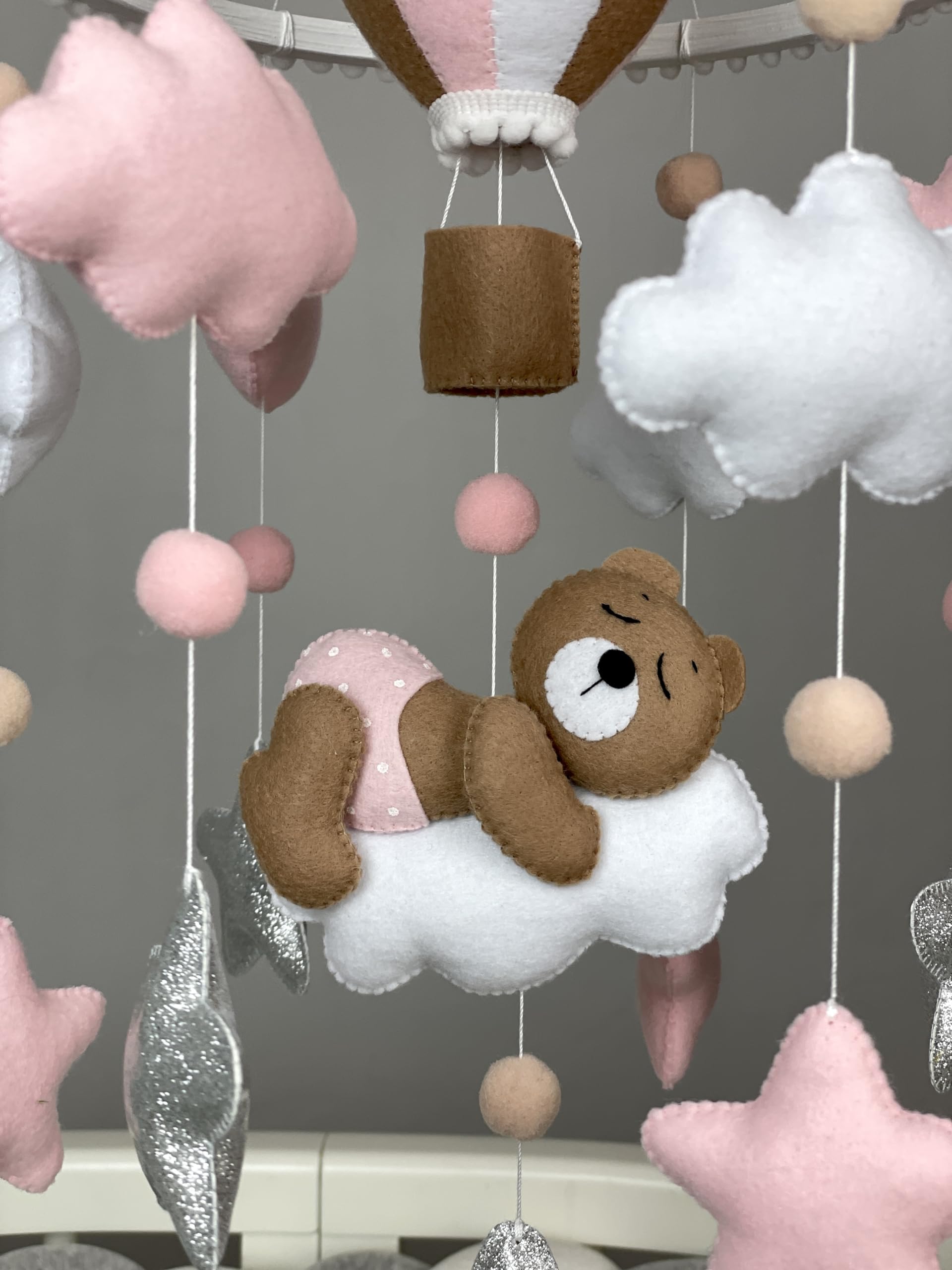 Pink Teddy Bear Baby Mobile for Crib - Balloon Themed Nursery Decor, Newborn Girl Gift for Baby Shower & New Moms | Perfect for Nursery Room, Baby Girl Bedroom & New Mom Gifts