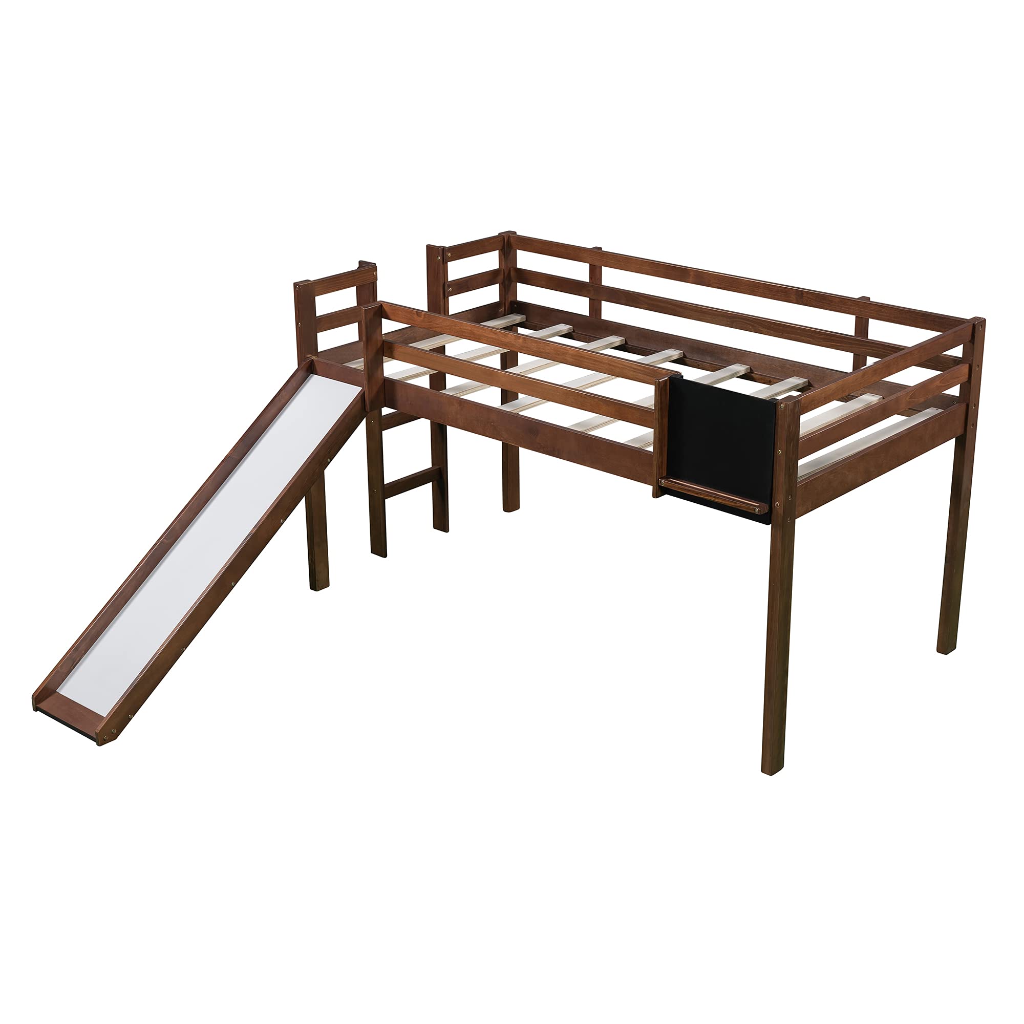 Harper & Bright Designs Twin Loft Bed with Slide - Wooden Low Loft Bed for Kids with Chalkboard, Ladder & Safety Guardrail - Space-Saving Kids Bed Frame for Small Bedrooms, Playrooms & Guest Rooms (Twin Size, Walnut Finish) - Perfect for Sleepovers, Playtime & Room Organization