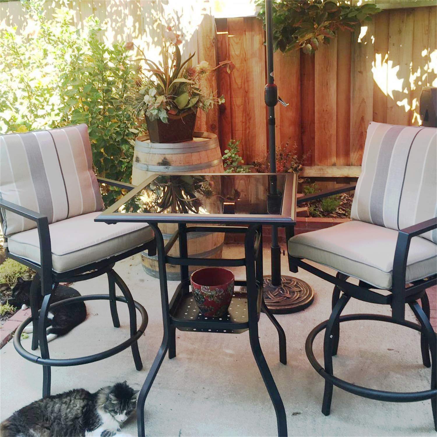 **3-Piece Outdoor Bistro Set - Swivel Bar Stools with Yard Armrests & Glass Top Table - All-Weather Steel Frame Patio Furniture for Backyard, Garden, or Poolside Dining**