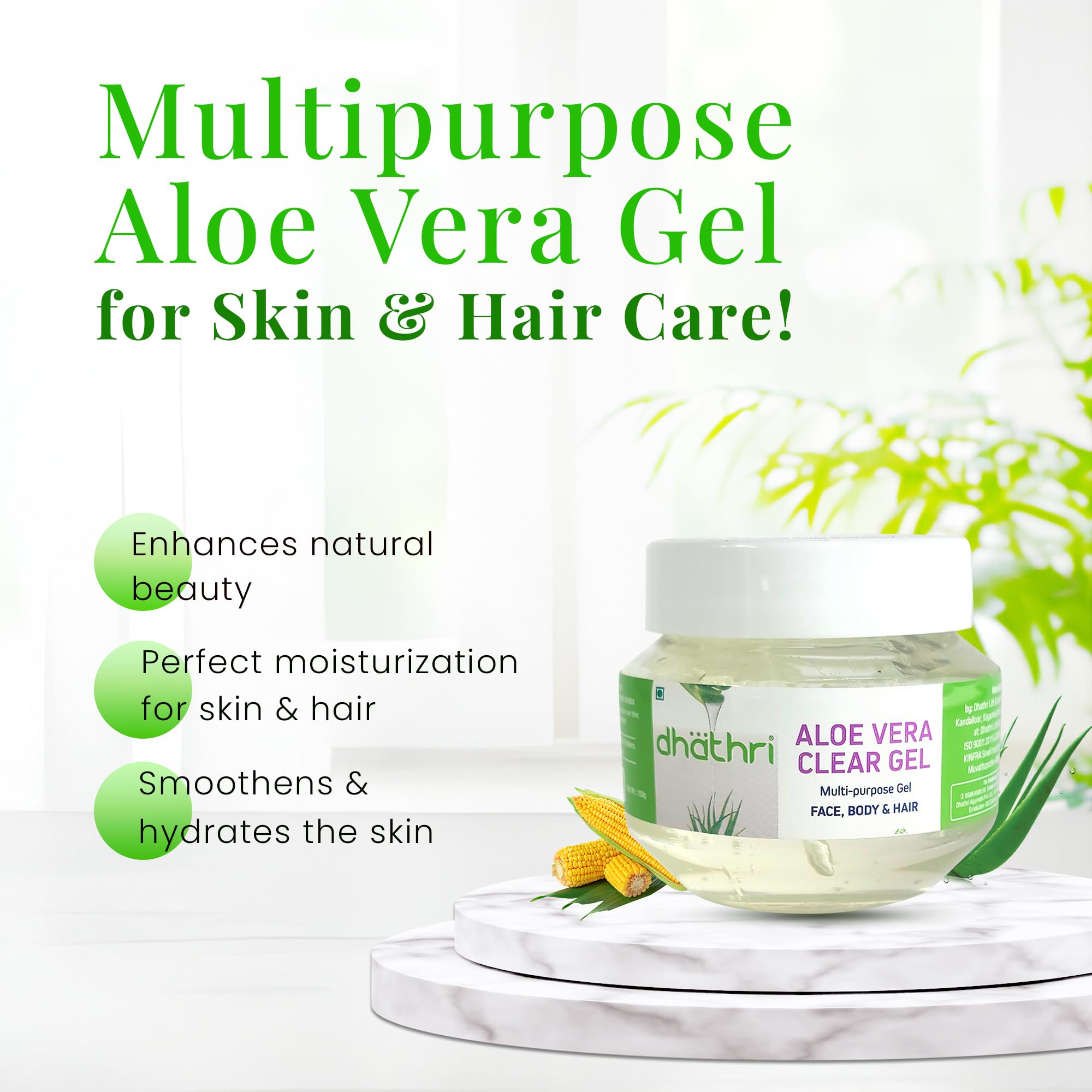 Dhathri Pure Aloe Vera Gel for Face, Body & Hair - 100% Natural with Wheat Germ Oil & Corn Extract - 100g | Hydrating Moisturizer for Sunburn Relief, Skin Care & Hair Treatment