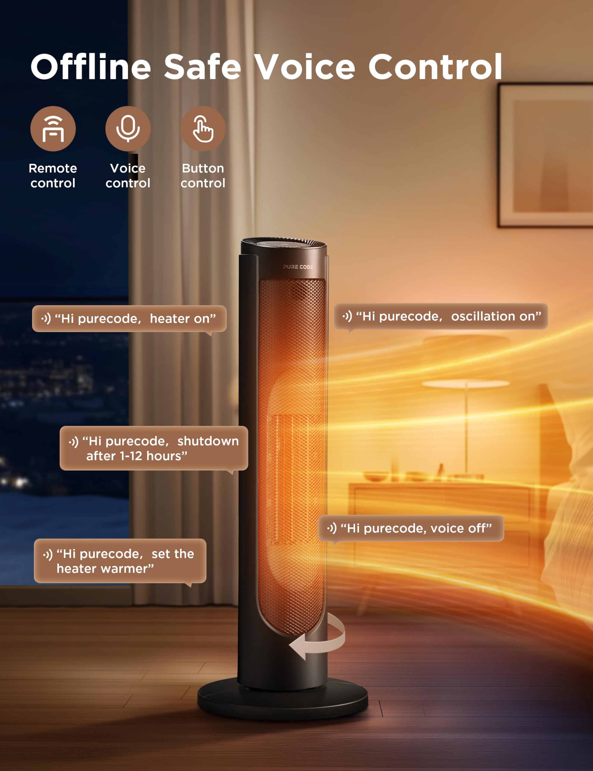 PURE CODE Space Heater - 1500W Portable Electric Heater with Voice & Remote Control, PTC Ceramic Fast Heating, 3 Modes & 12H Timer, Overheat & Tip-Over Protection for Indoor Use - Perfect for Office, Bedroom, Home & Small Spaces