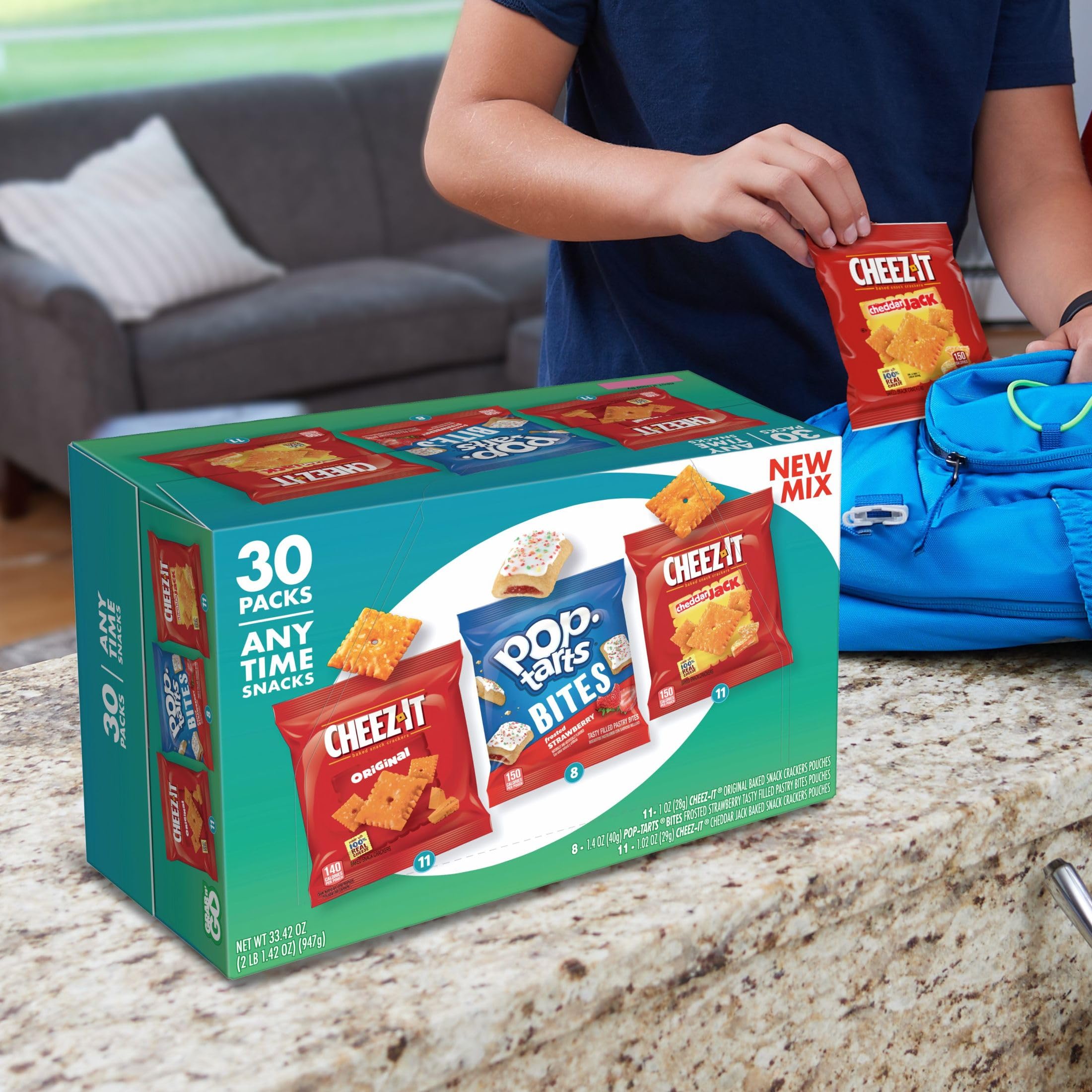 Kellogg's Cheez-It & Pop-Tarts Snack Variety Pack - 30 Count, 33.42oz Box - On-The-Go Breakfast & Anytime Snacks for School, Office, Travel & Road Trips
