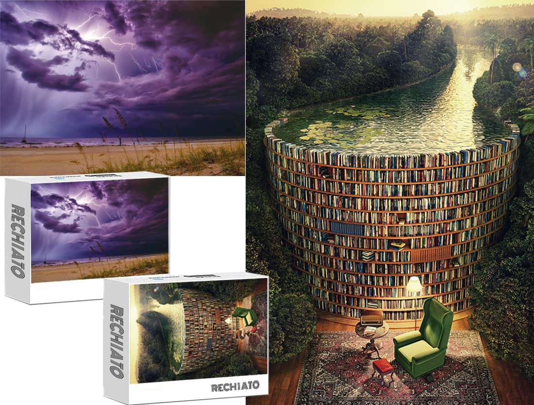2 Pack 1000 Piece Jigsaw Puzzles for Adults - Bookself Canal & Purple Lightning Scenic Puzzles, Challenging Puzzles for Women, Moms & Puzzle Lovers | Perfect for Family Game Night, Stress Relief & Home Decor
