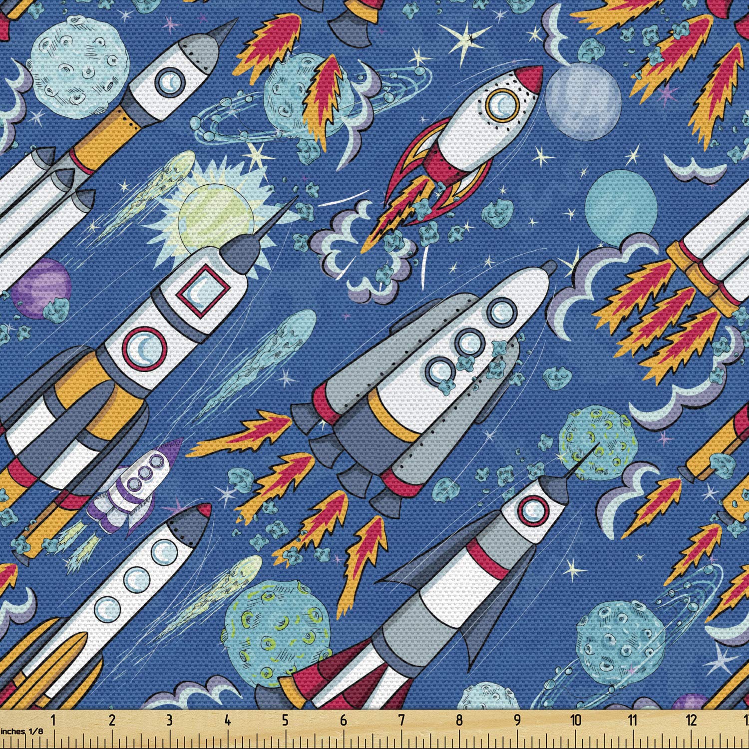 Ambesonne Spaceship Fabric by The Yard - Hand-Drawn Cartoon Spaceships, Planets & Stars Outer Space Exploration Design | Decorative Upholstery Fabric for Sofa, Curtains & Home Decor | 10 Yards Multicolor | Perfect for Kids' Rooms, Sci-Fi Themed Decor & DIY Craft Projects