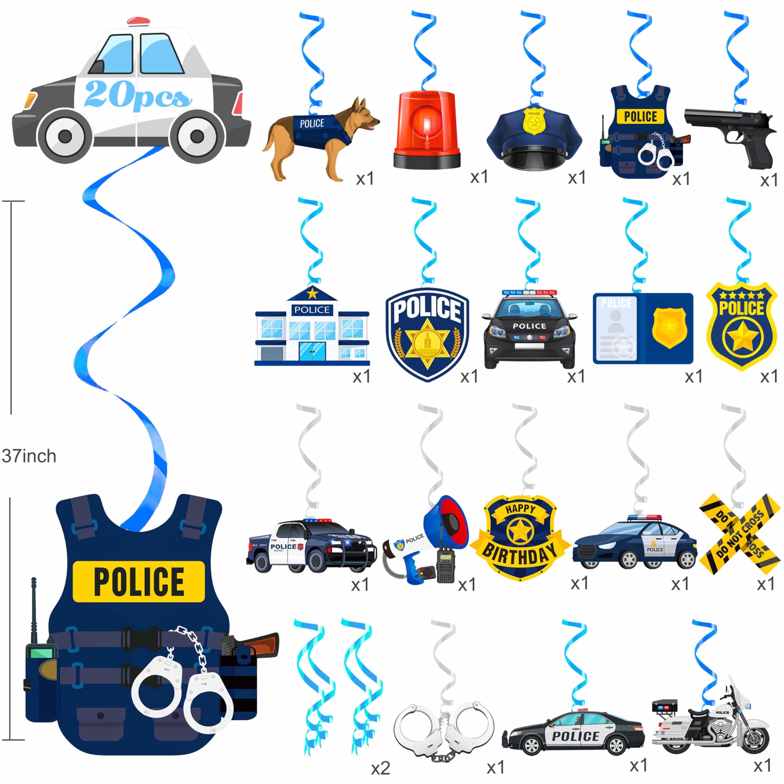 20Pcs Police Party Hanging Swirls Decorations - Police Car Ceiling Streamers for Birthday, Retirement & Baby Shower Supplies | Perfect for Police Themed Parties, Cop Celebrations & Law Enforcement Events