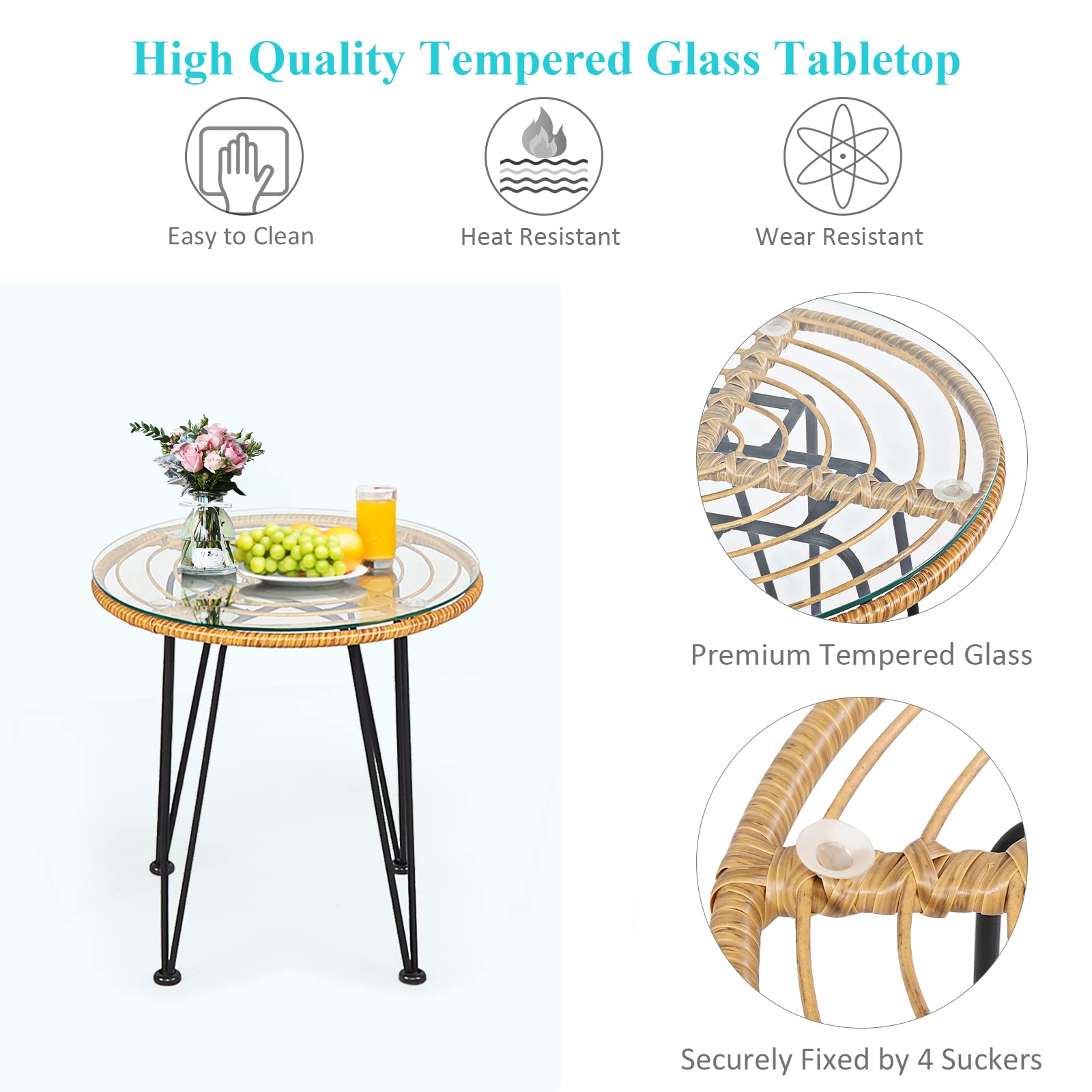 **Tangkula 3-Piece Patio Bistro Set - Rattan Wicker Conversation Set with 2 Cushioned Armchairs & Round Glass Coffee Table - Indoor/Outdoor Furniture for Balcony, Backyard, Garden, Poolside - Perfect for Relaxing, Entertaining & Outdoor Dining**
