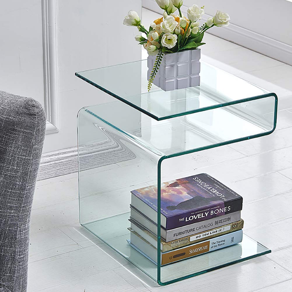 Clear Glass Nightstand - Modern S-Shaped End Table for Living Room & Bedroom, Stylish Side Table with Tempered Glass Top - Perfect for Small Spaces, Apartments, and Contemporary Home Decor