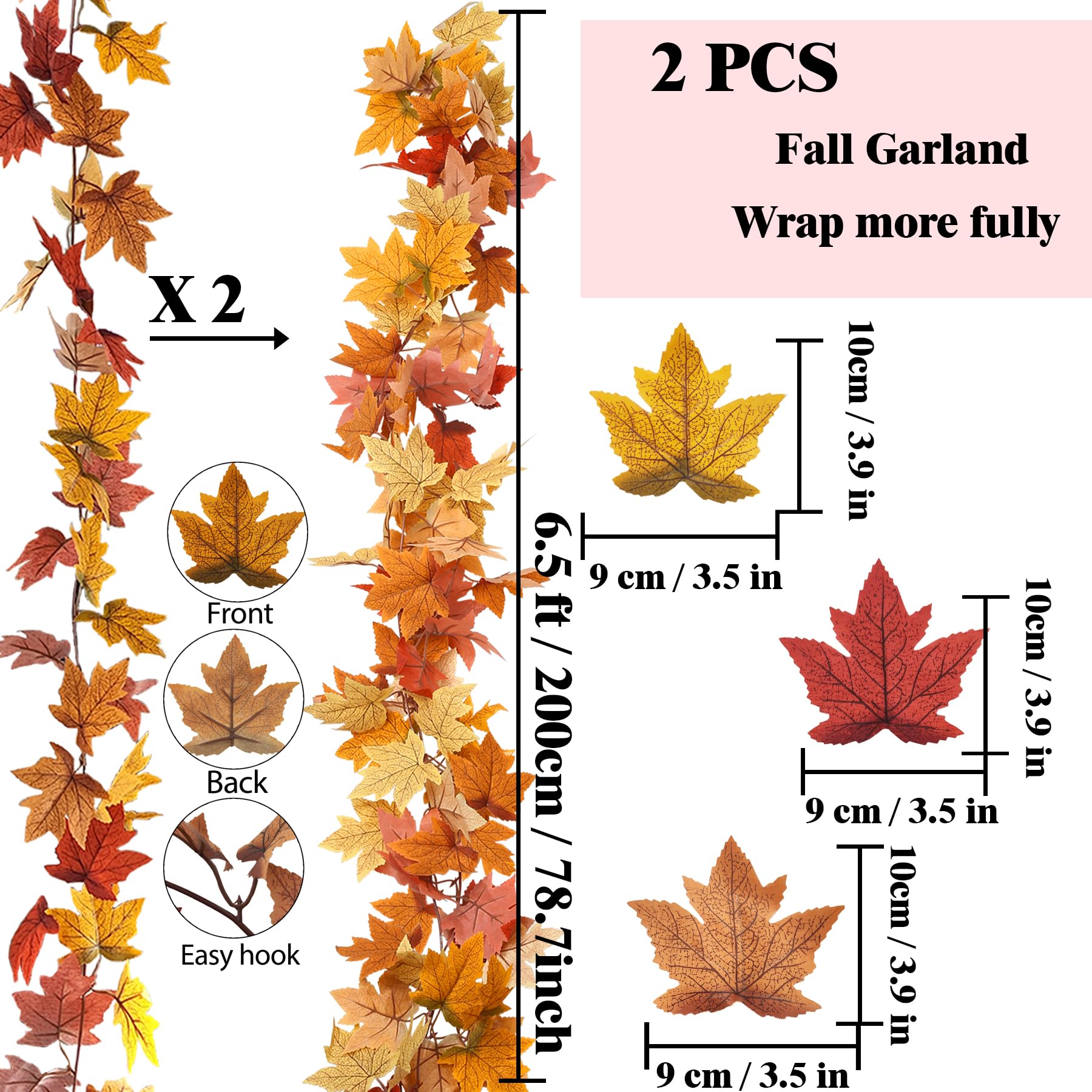 2-Piece Fall Leaf Garland Set - 6.5ft Each - Artificial Autumn Leaves Vine for Thanksgiving & Fall Decor - Perfect for Home Mantel, Fireplace, Dinner Table & Seasonal Party Decoration