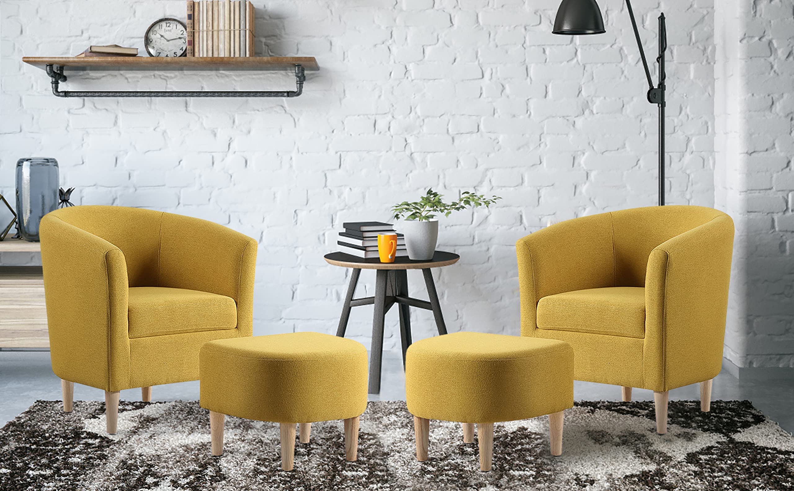DAZONE Modern Accent Chair with Ottoman Set - Comfy Upholstered Barrel Club Armchair & Footrest, Fabric Tub Chair for Living Room, Bedroom, Small Spaces & Apartments (Set of 2, Mustard Yellow) - Perfect for Reading Nooks, Lounge Areas & Home Offices