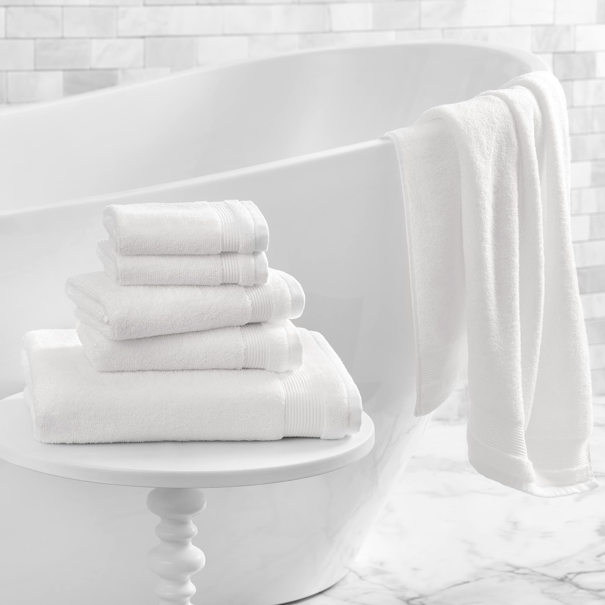 Martha Stewart 6-Piece 100% Cotton Bath Towel Set - 2 Bath Towels, 2 Hand Towels, 2 Washcloths | Ultra Soft, Highly Absorbent & Quick-Drying | Luxury Bathroom Essentials for Spa, Hotel & Home Use (White)