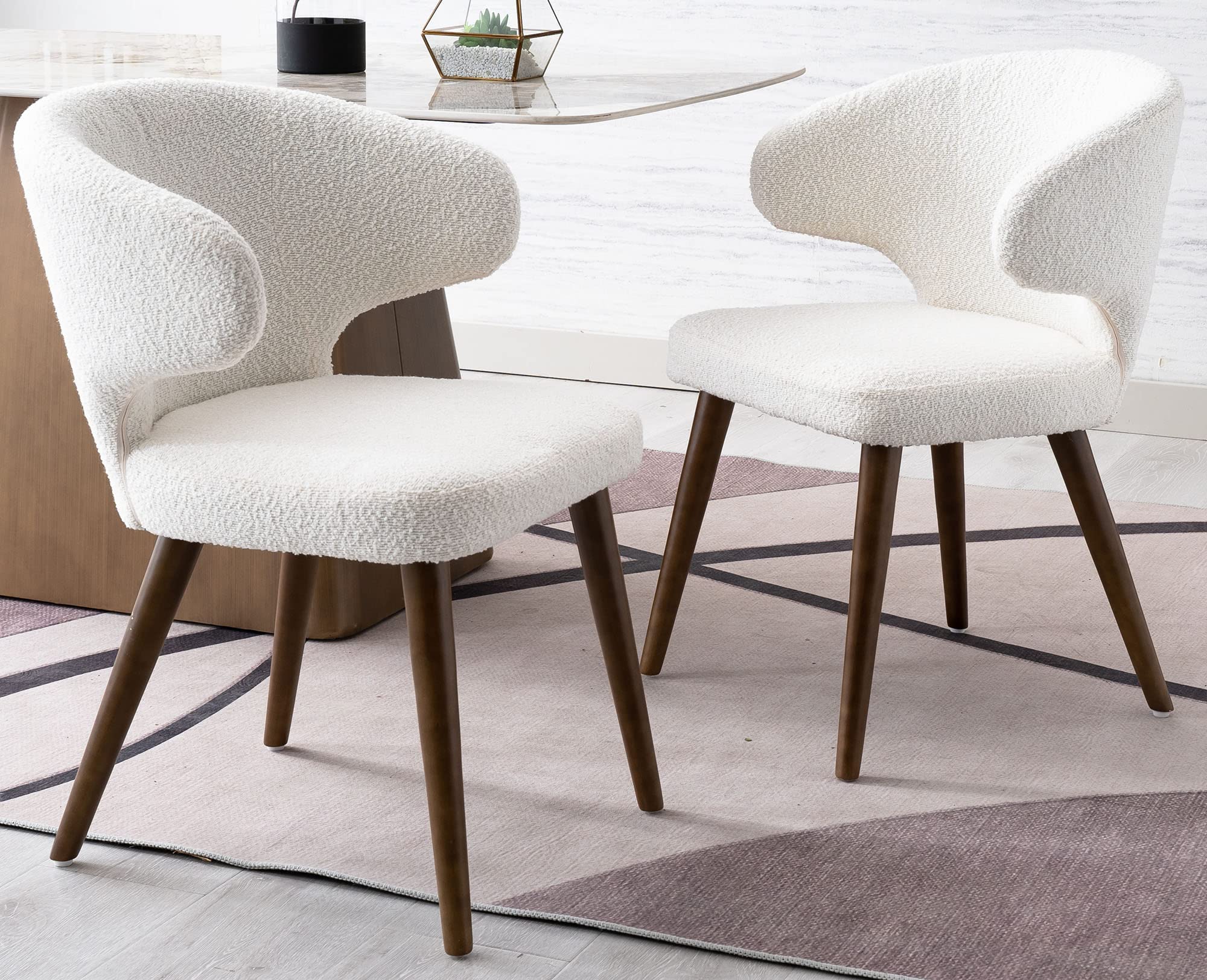 VESCASA Modern Dining Chairs Set of 2 - Sherpa Upholstered Curved Back Chairs with Wooden Legs for Dining Room, Kitchen, Living Room - Comfortable White Accent Chairs for Home Decor & Entertaining