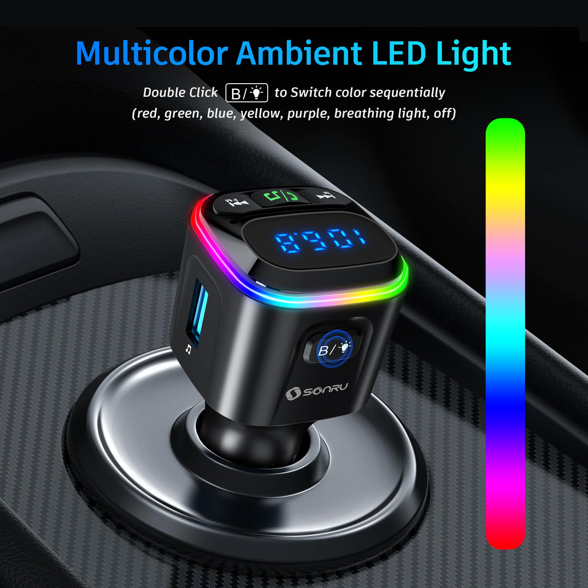 SONRU Bluetooth FM Transmitter V5.3 - Car Adapter with QC18W Fast Charger & Hi-Fi Sound for Hands-Free Driving