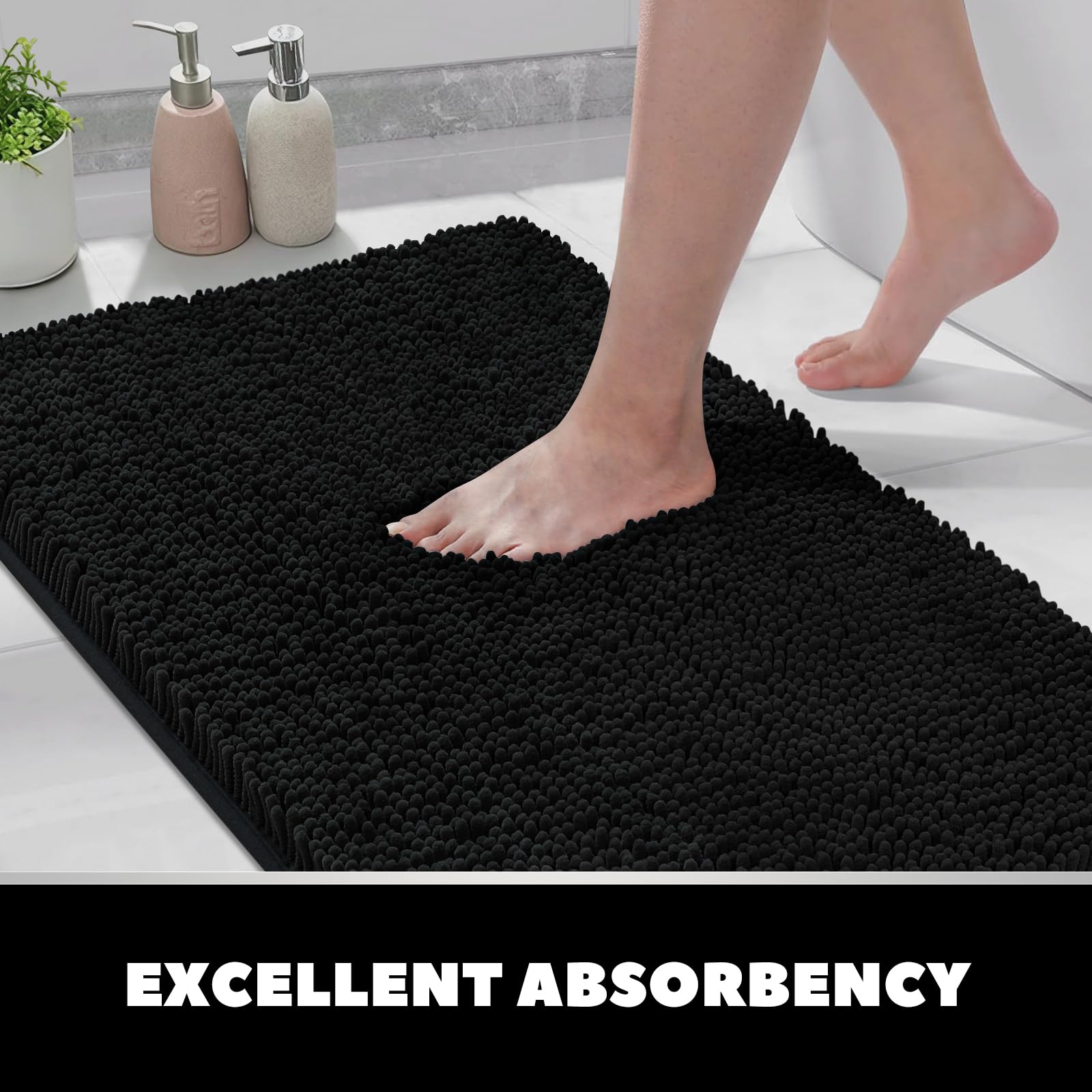 Luxury Chenille Bathroom Rug Set - 3 Piece Soft, Absorbent & Non-Slip Bath Mat with PVC Backing | Machine Washable Toilet Rug for Bathroom, Bedroom, Kitchen & Hallway | Perfect for Cozy Home Decor & Wet Floor Safety - Black