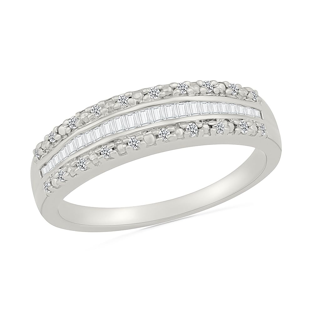 DGOLD 10KT White Gold Baguette & Round Diamond Fashion Ring (1/4 CTTW) - Elegant Jewelry for Women, Perfect for Weddings, Anniversaries & Special Occasions