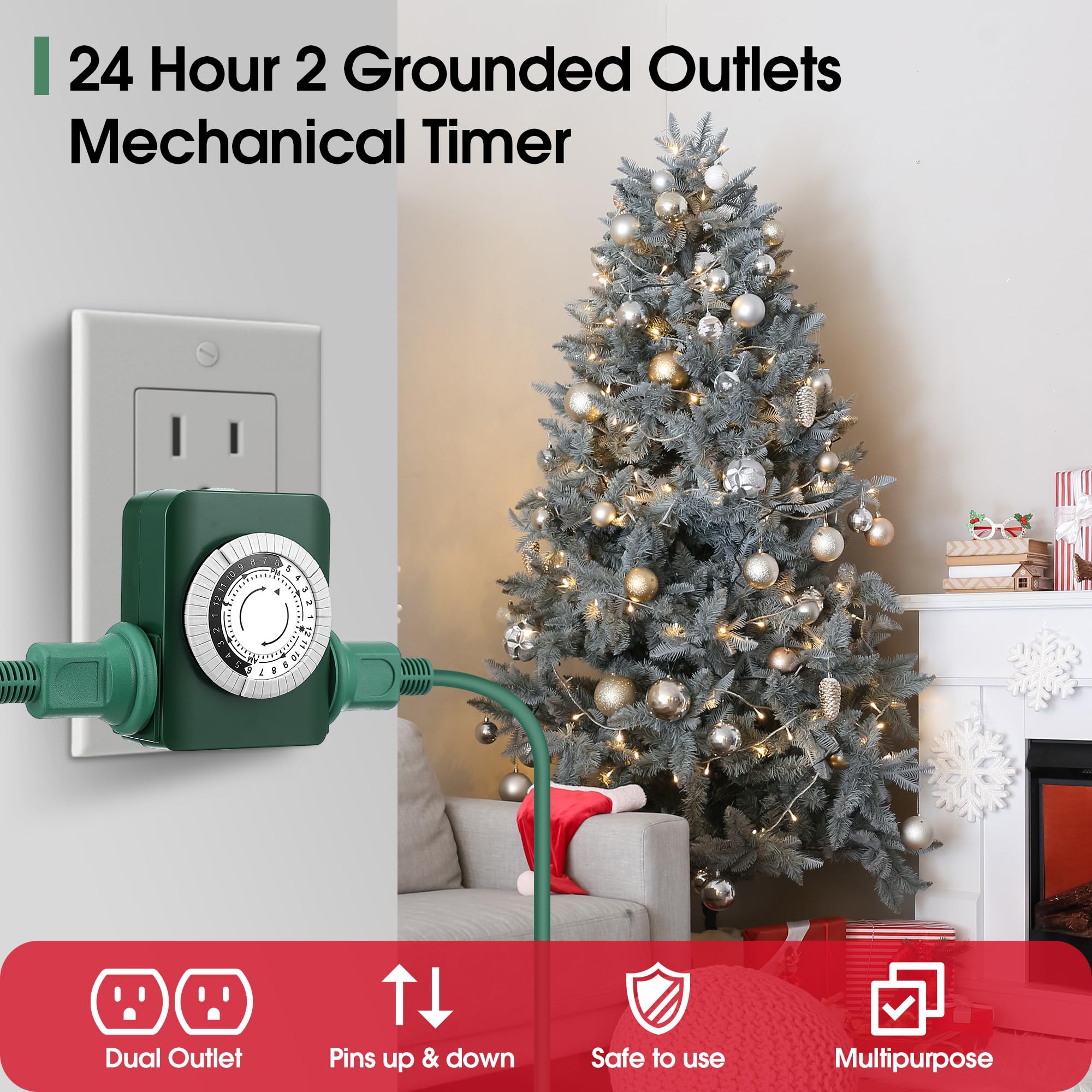 24 Hour 2 Grounded Outlets Mechanical Timer - Indoor Electrical Outlet Timer for Christmas Lights & Holiday Decorations - Daily On/Off Cycle - Perfect for Christmas Trees, Lamps & Home Appliances (1 Pack, Green) - Save Energy & Automate Your Holiday Lighting