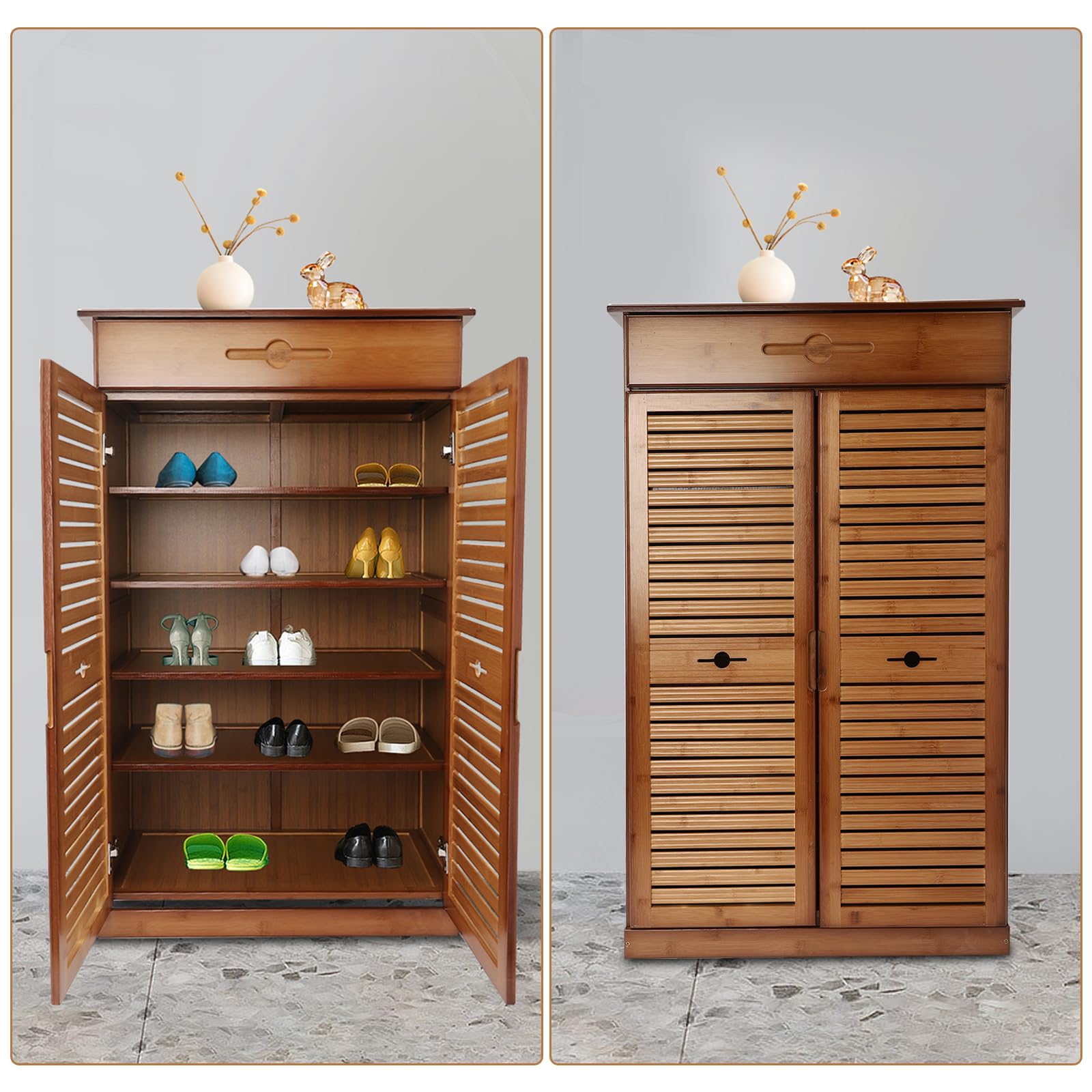 5-Tier Bamboo Shoe Storage Cabinet with Drawer & Adjustable Shelves - Space Saving Shoe Organizer Rack for Hallway, Bedroom, Living Room, Entryway & Dorm - Perfect for Small Spaces & Closet Organization