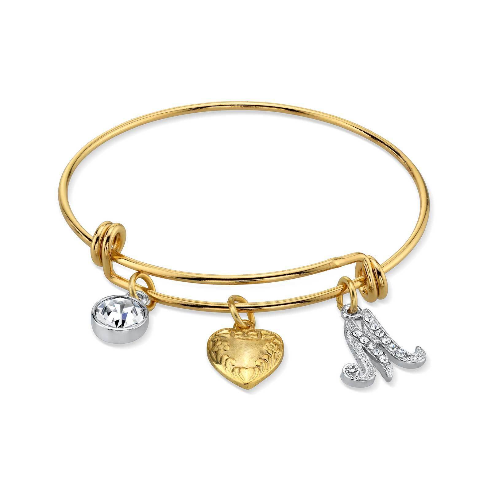 1928 Gold Heart Initial Crystal Charm Bangle Bracelet for Women - Personalized Name Jewelry Gift for Her - Perfect for Valentine's Day, Anniversary & Special Occasions