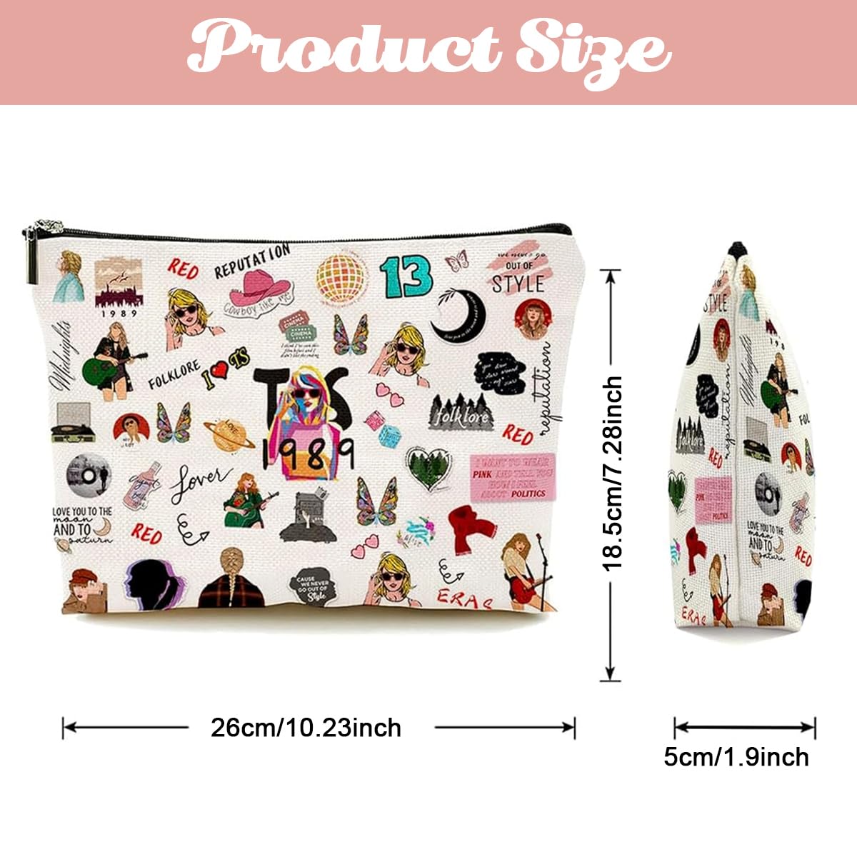 MAYCREATE® Taylor Swift Makeup Bag - Cotton Cosmetic Pouch for Women & Girls | Fashionable TS Print Makeup Organizer | Travel-Friendly Cosmetic Case | Perfect Gift for Music Fans - Great for Concerts, Travel & Daily Makeup Storage