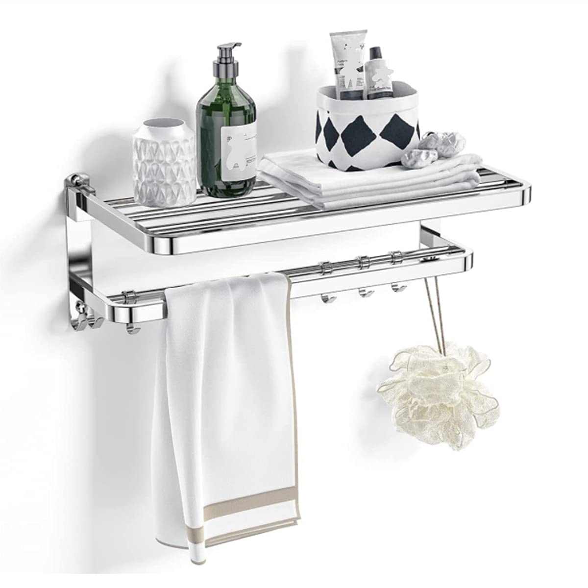 Stainless Steel Wall Mounted Towel Rack - 80cm Metal Towel Bar Holder for Bathroom & Kitchen - Space Saving Clothes Drying Rail with Shelf for Organized Storage - Perfect for Small Spaces, Apartments & Laundry Rooms