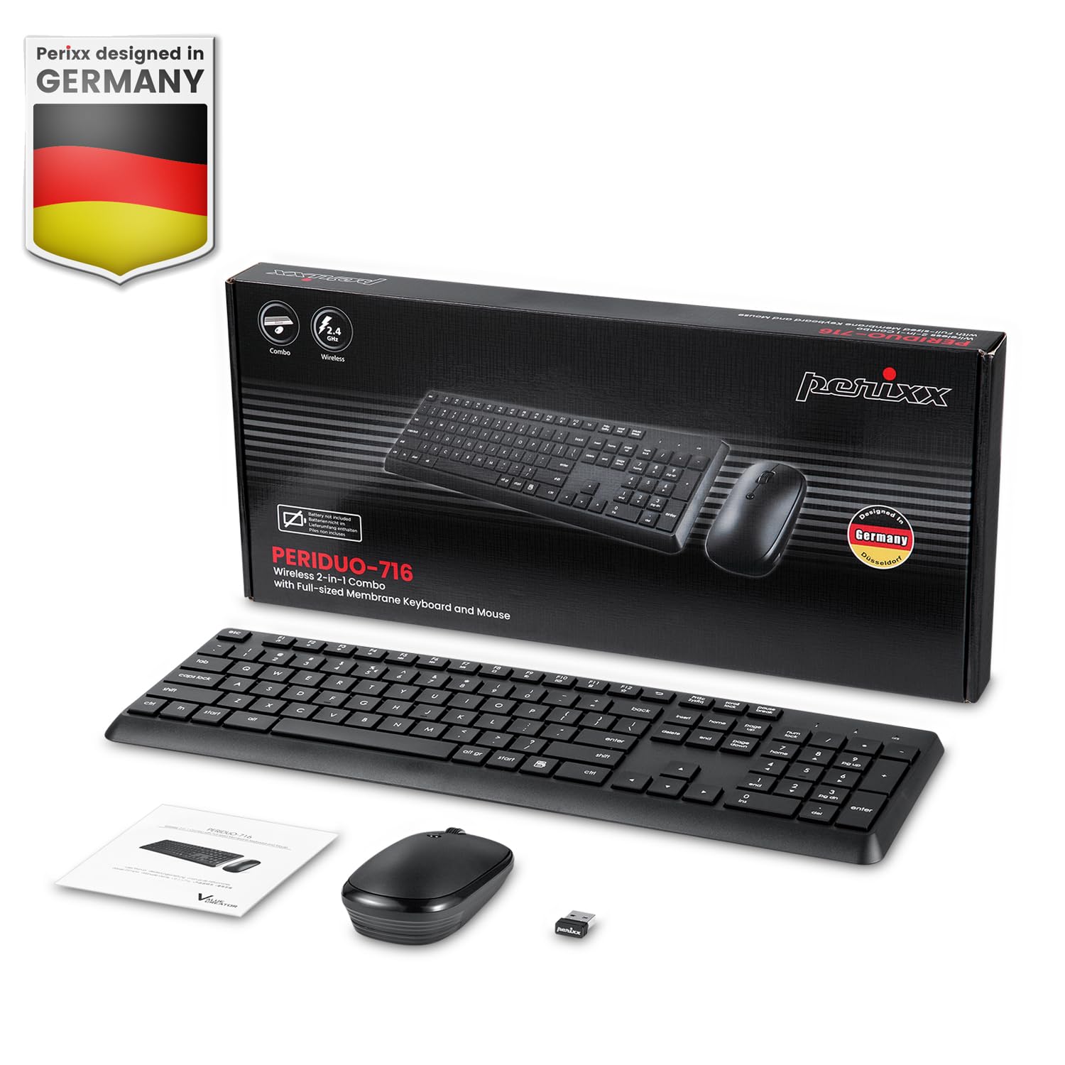 Perixx PERIDUO-716 Wireless Keyboard and Mouse Combo - Ergonomic Full-Size Keyboard with Silent Optical Mouse for Office, Gaming & Home Use - Black