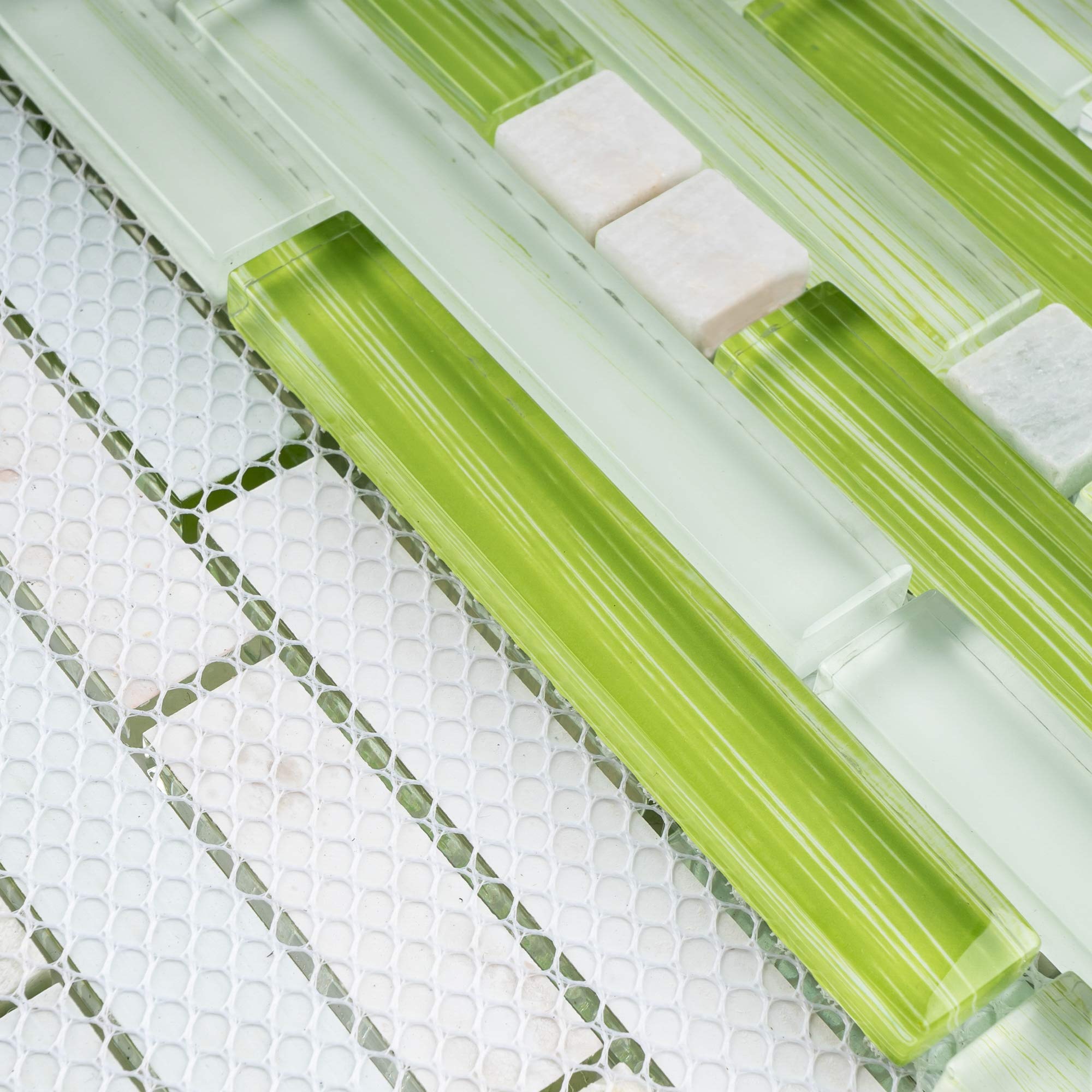TNLQG-04 Apple Green Glass Mosaic Tile with Floral Pattern - 10 Sheets Peel and Stick Backsplash for Kitchen, Bathroom, Shower Wall - Waterproof DIY Home Decor