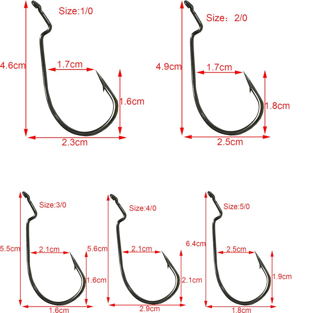 50pcs 1/0-5/0 Wide Gap Offset Worm Jig Hooks Set - Sharp Strong Fishing Hooks for Bass, Trout, Walleye - Perfect for Freshwater & Saltwater Fishing, Kayak Fishing, and Tournament Angling