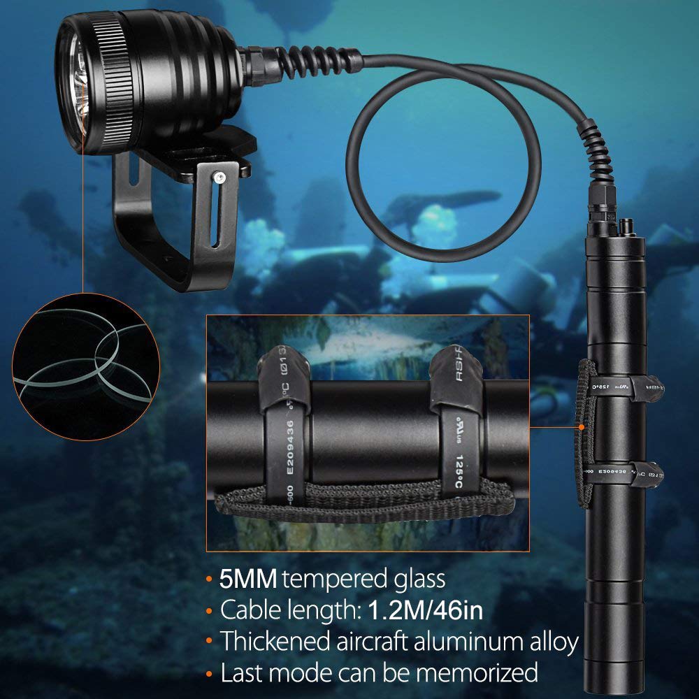 DF06 3000LM Professional Scuba Diving Flashlight - 3 LED Underwater Torch with 1.2M Cable for Cave & Deep Diving up to 492ft/150M (Batteries Not Included) | Perfect for Night Diving, Wreck Exploration & Technical Diving Adventures