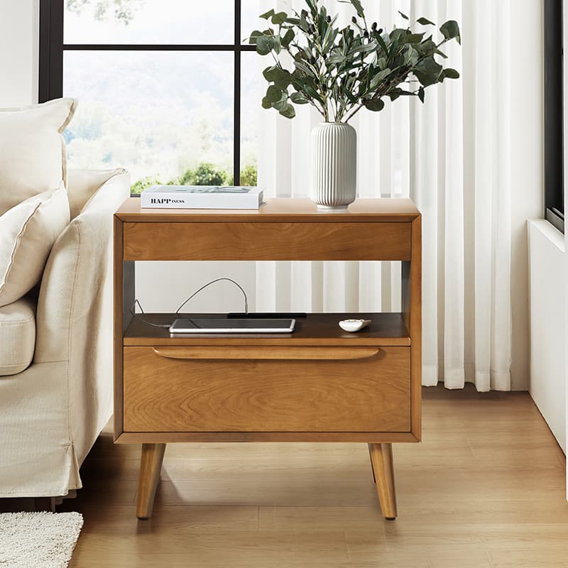 Mid Century Modern Nightstand with 2 Drawers & Built-In Outlets - Giralda Bedside Table for Bedroom, Living Room & Office (Optional Types)