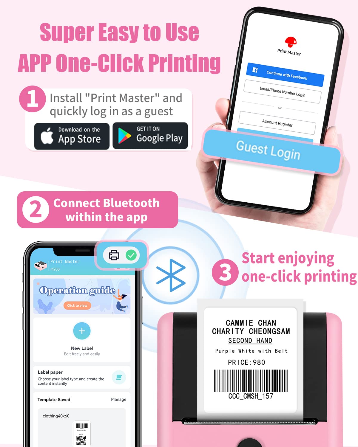 Memoking M200 Bluetooth Label Maker Machine with Tape - Portable Sticker Printer for Small Business, Address Labels, Logo Printing, Mailing & Office Organization | Compatible with Phones & PC | Includes 100+ Labels | Perfect for Kitchen Pantry, File Sorting & Product Labeling
