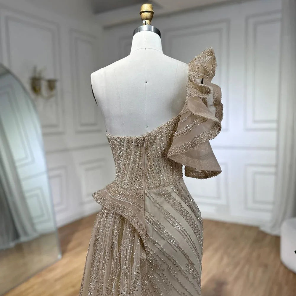 Elegant One Shoulder Nude Mermaid Evening Dress with Beaded Overskirt - Women's Formal Gown for Weddings, Prom & Special Occasions | Serene Hill LA72389