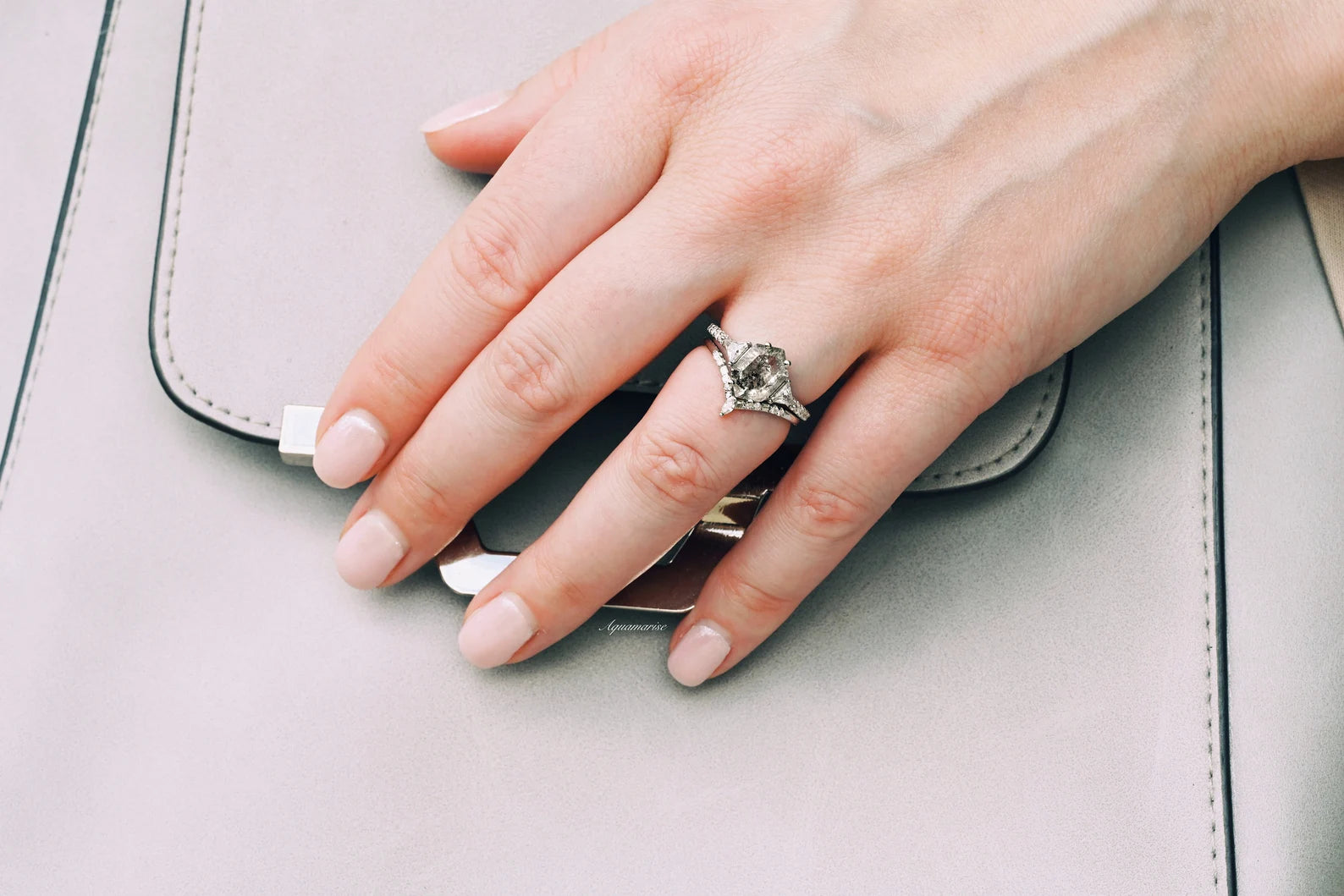 Galaxy Raw Salt & Pepper Diamond (Herkimer Diamond) Hexagon Ring Set - 925 Sterling Silver Jewelry for Women - Perfect for Weddings, Anniversaries & Special Occasions