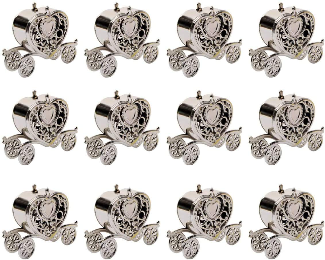 12-Pack Silver Heart Shaped Candy Boxes - Elegant Carriage Gift Boxes for Wedding Favors, Baby Showers & Party Decorations | Perfect for Romantic Celebrations and Special Occasions