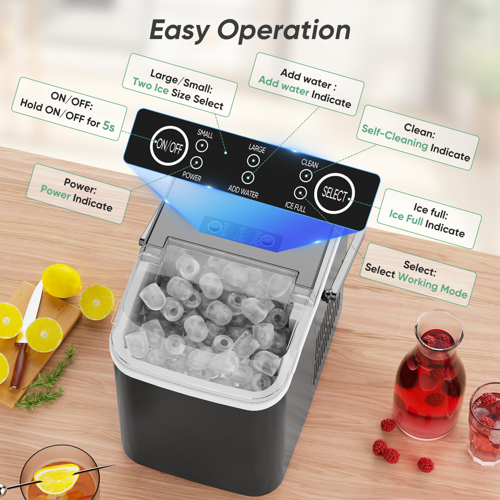DUMOS Countertop Ice Maker Machine - 26lbs/24Hrs, 9 Cubes in 6 Mins, Self-Cleaning, Portable & Quiet - Perfect for Home Kitchen, RV, Camping, Office & Outdoor Parties (Black)
