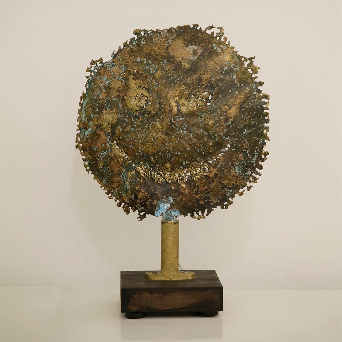 Trippy Tortured Brass Emoticon on Wooden Base - Unique Home Decor & Conversation Piece for Living Room, Office, or Gift Giving
