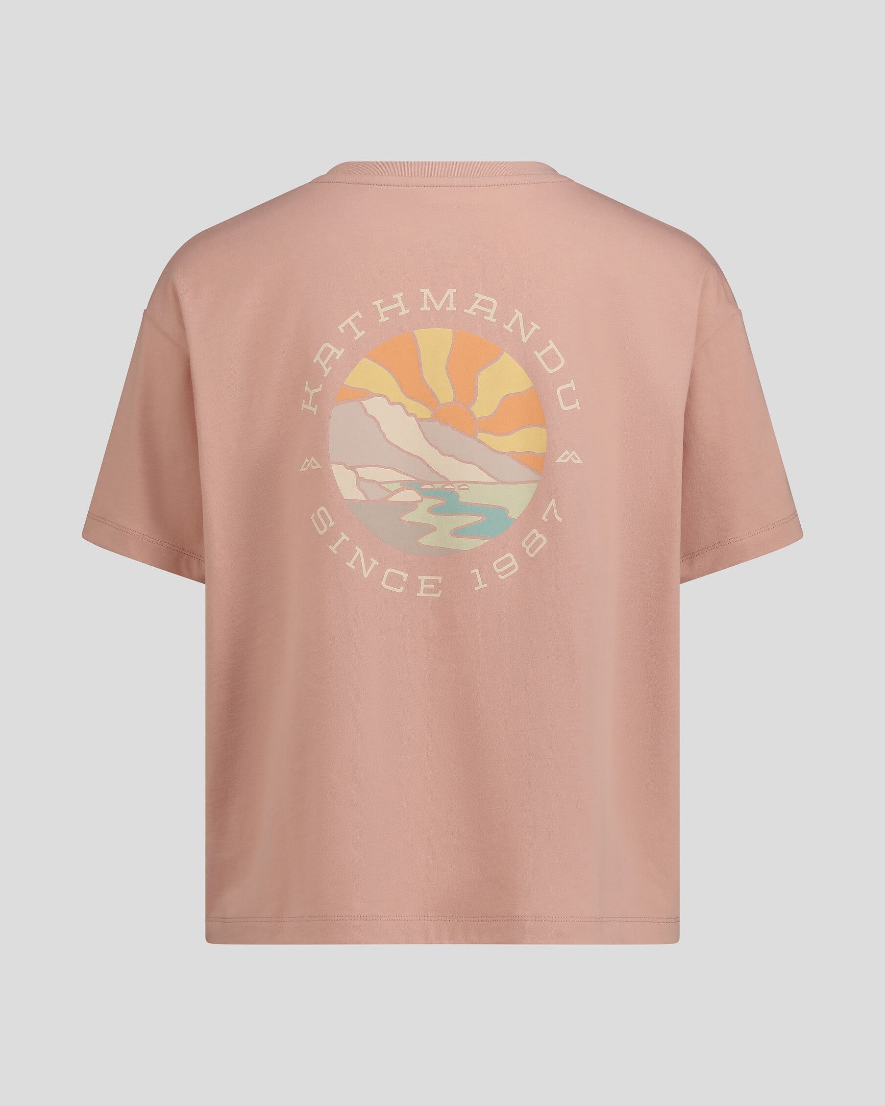 Women's Kathmandu Logo Sunburst Organic Cotton T-Shirt - Soft Mineral Wash Tee for Casual Wear & Outdoor Adventures